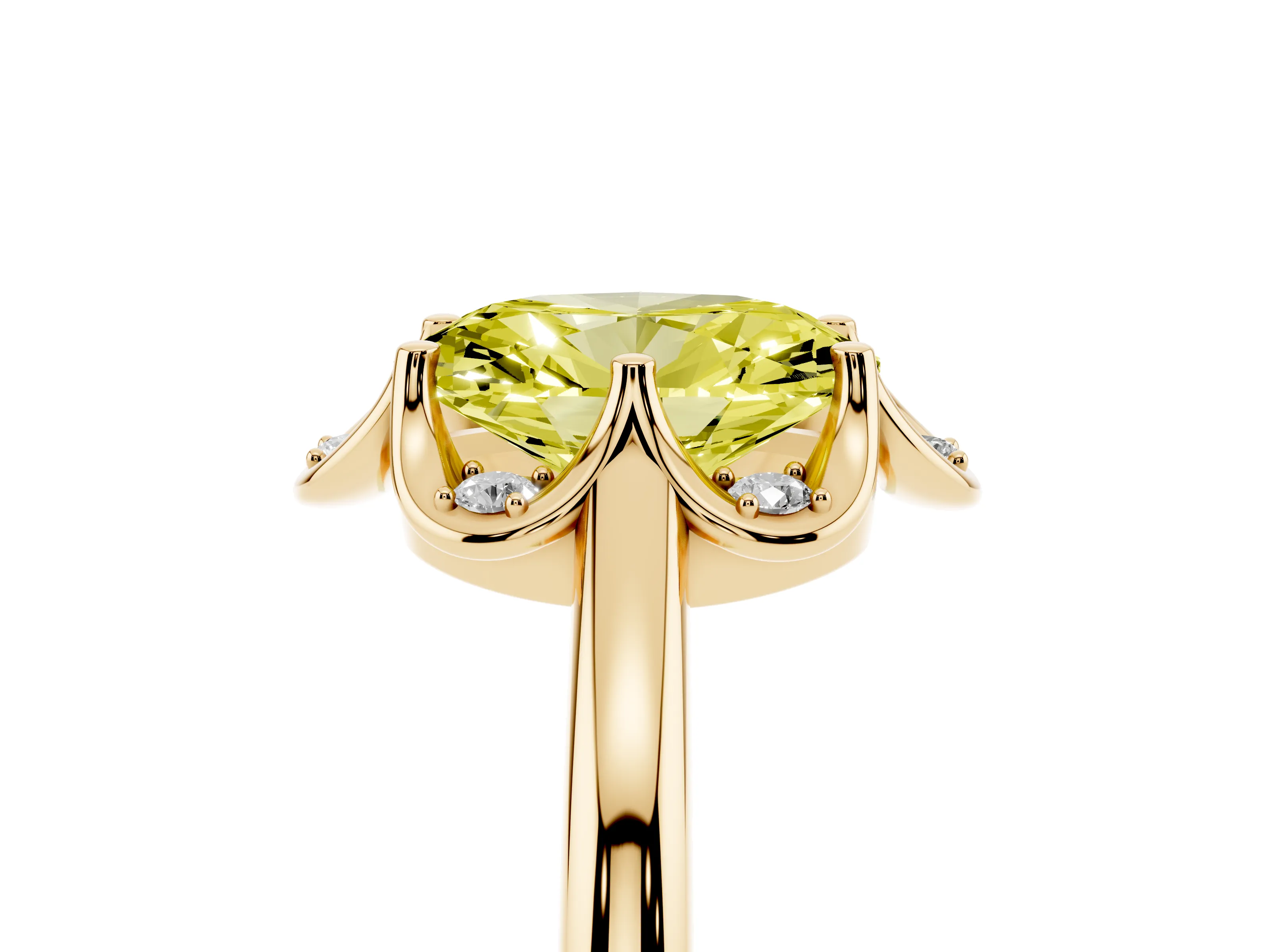 Fancy Yellow Oval Cut Diamond Round Cluster Halo Ring Set in Yellow gold with Solitaire Band and Prong Setting
