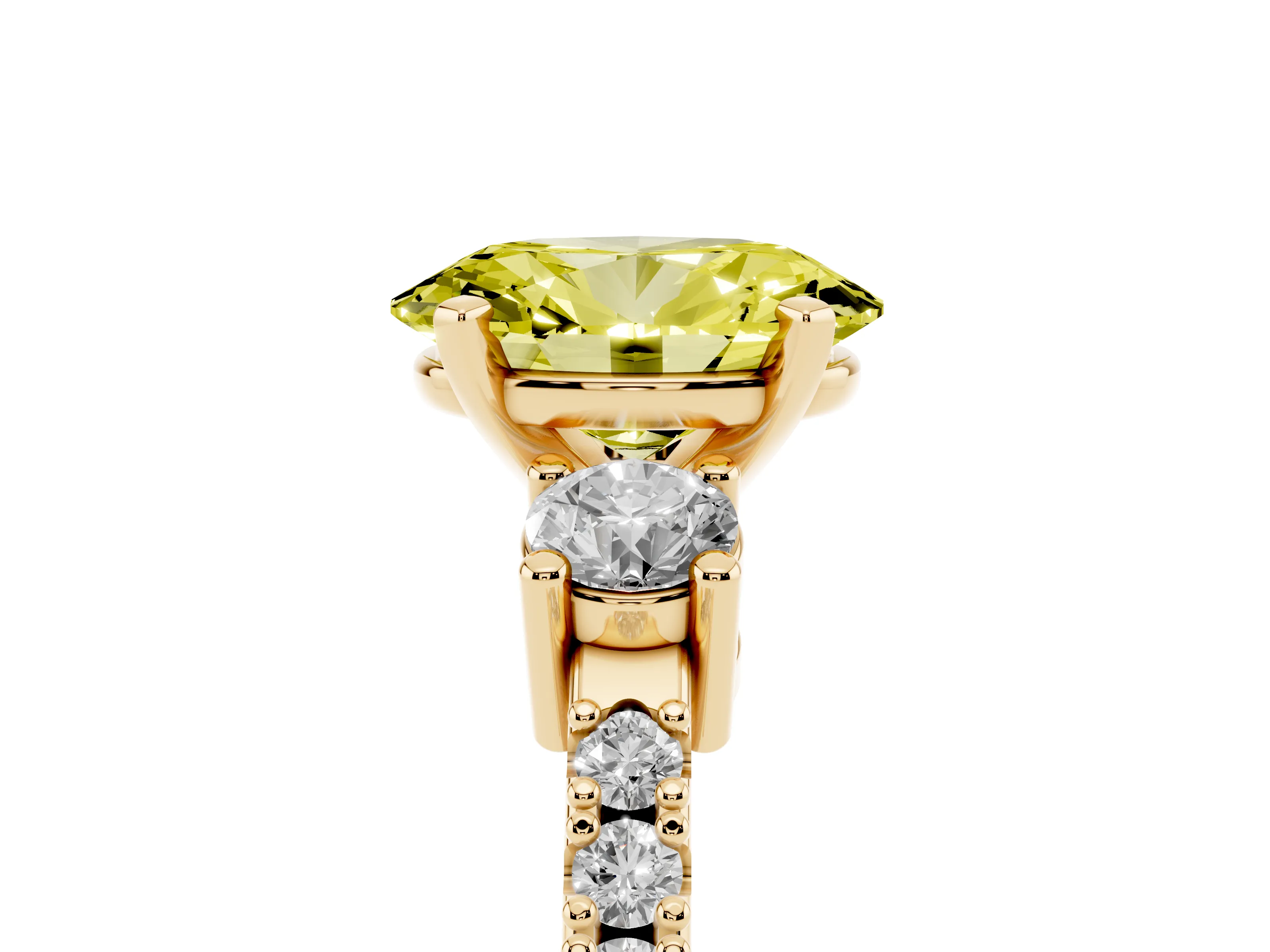 Fancy Yellow Three-Stone Oval Cut Diamond Pavé Band Ring Set in Yellow gold with Prong Setting