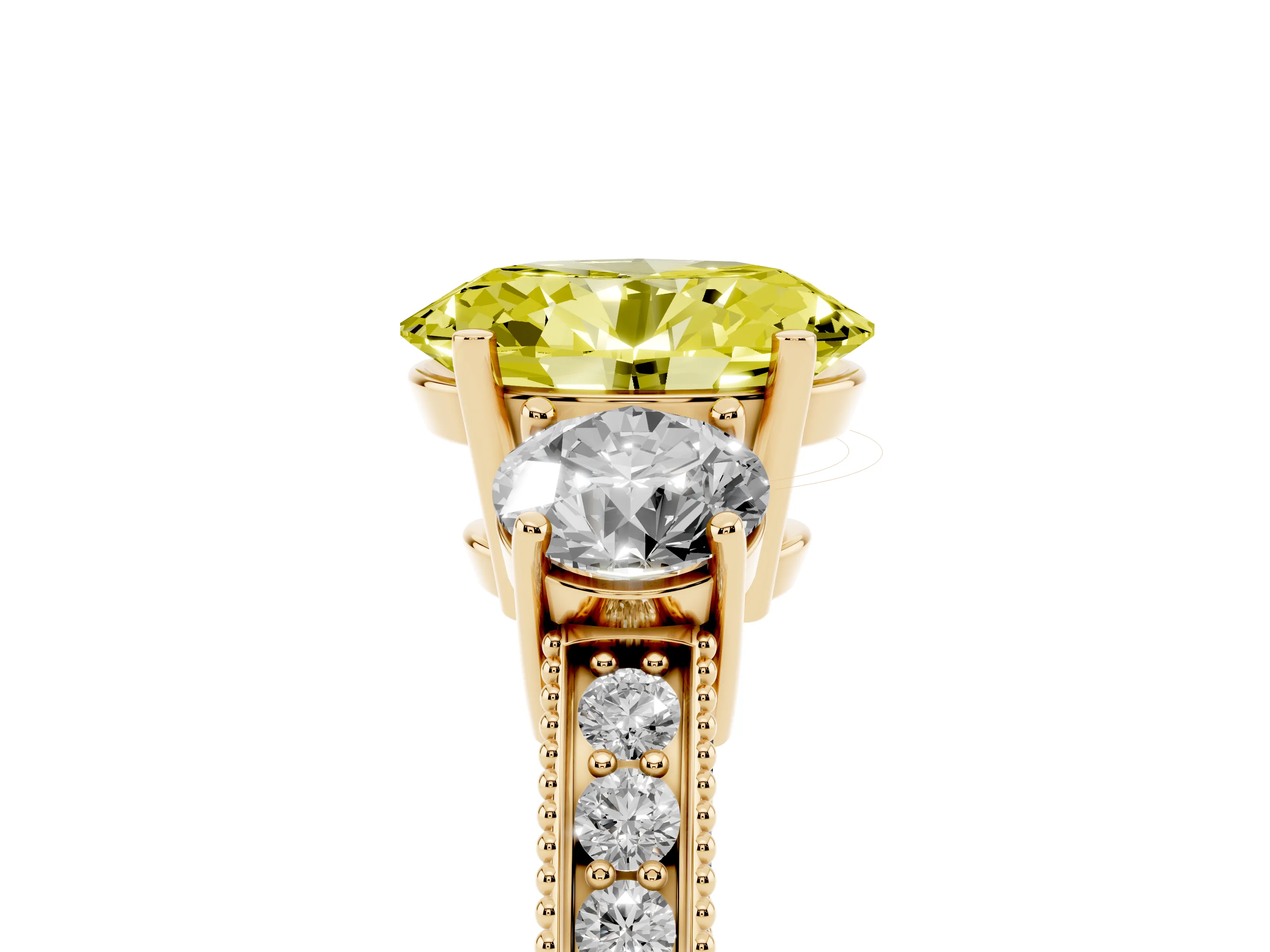Fancy Yellow Oval Cut Diamond Three-Stone Ring Set in Yellow gold with Round Side Stones and Pavé Band