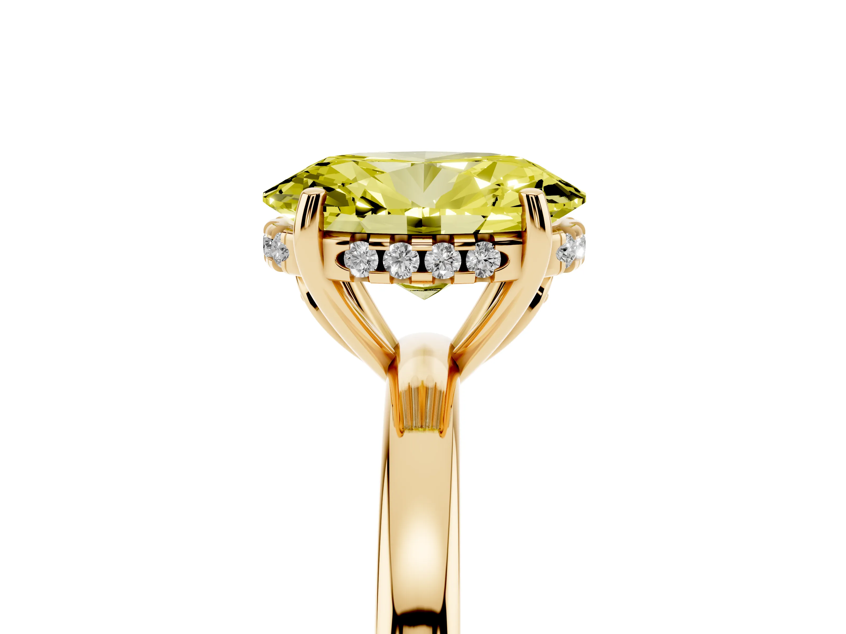 Fancy Yellow Oval Cut Diamond Solitaire Ring Set in Yellow gold with Plain Band and Prong Setting