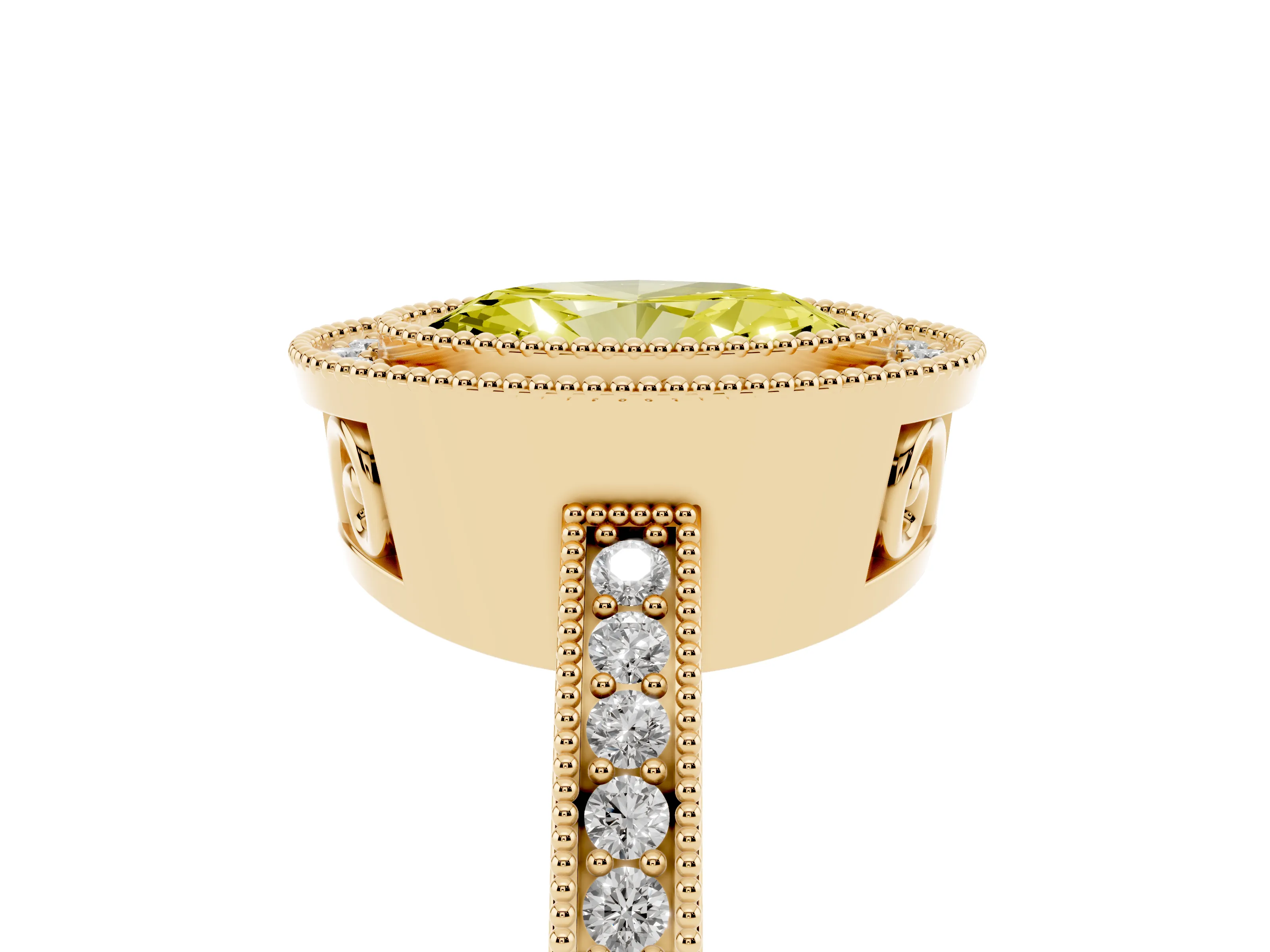 Fancy Yellow Oval Cut Diamond Round Halo Ring Set in Yellow gold with Pavé Band