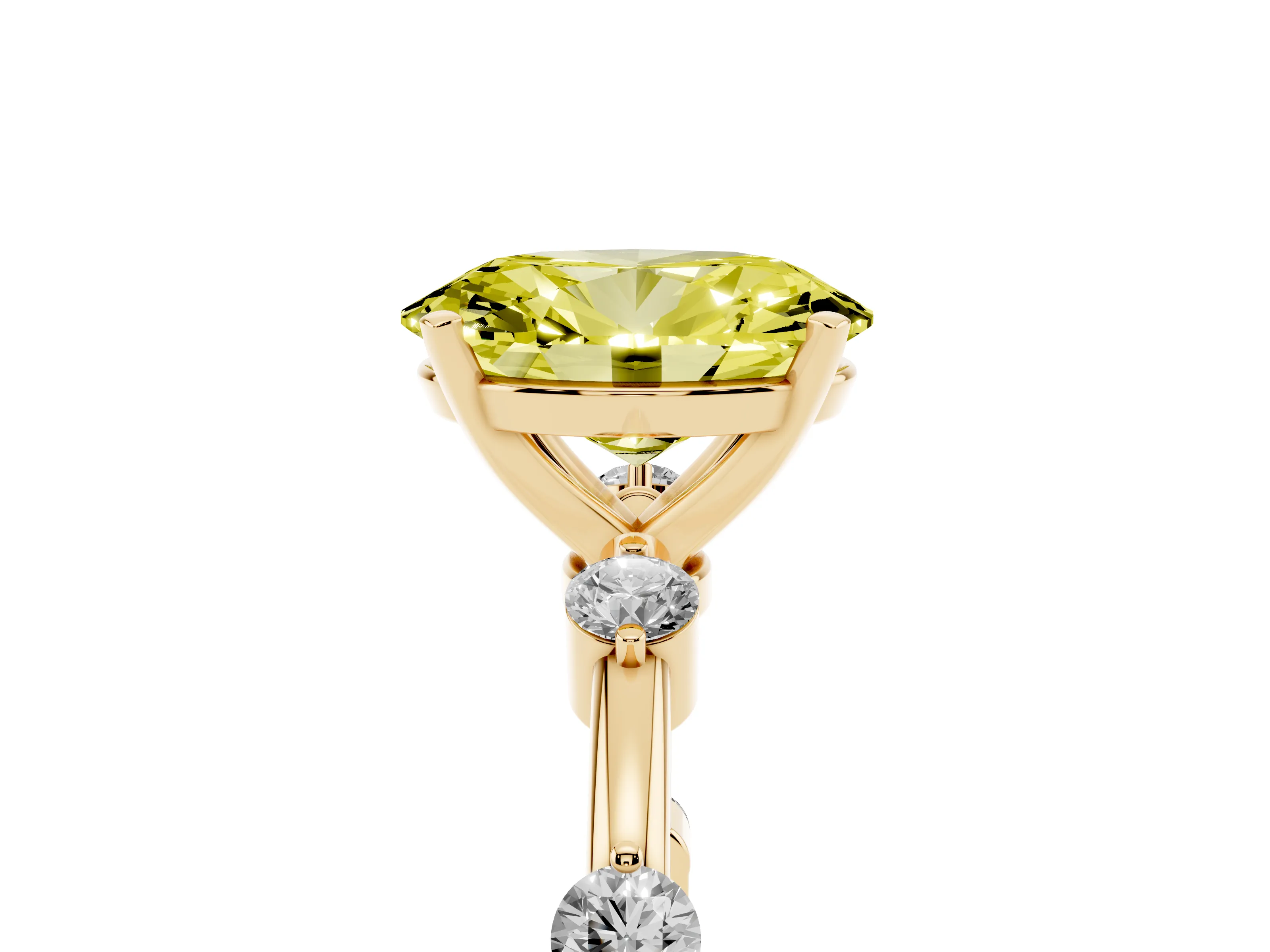 Fancy Yellow Oval Cut Diamond Solitaire Ring Set in Yellow gold with Bezel Set Side Stones and Prong Setting