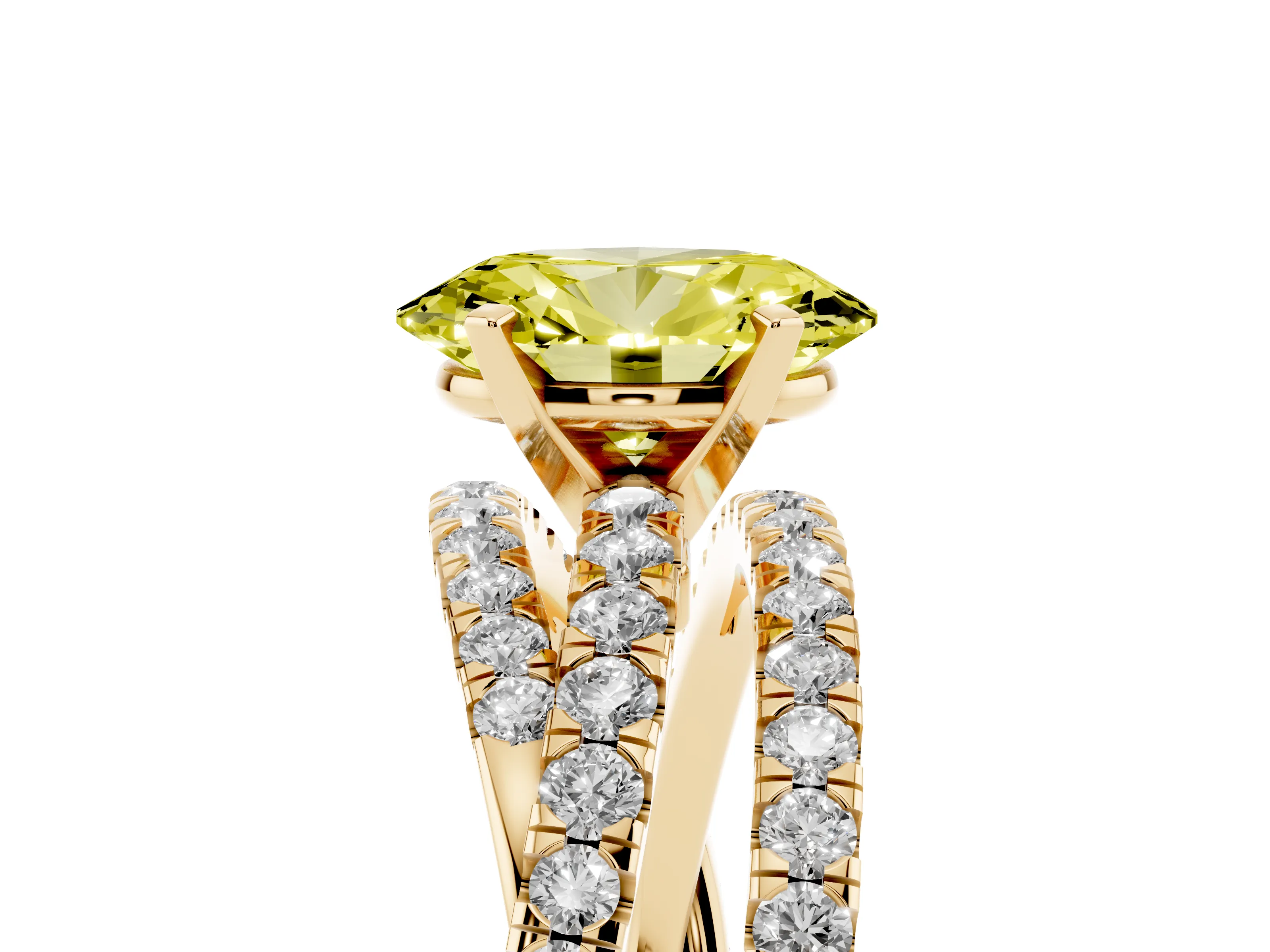 Fancy Yellow Oval Cut Diamond Solitaire Twist Band Ring Set in Yellow gold with Pavé Setting and Prong Head
