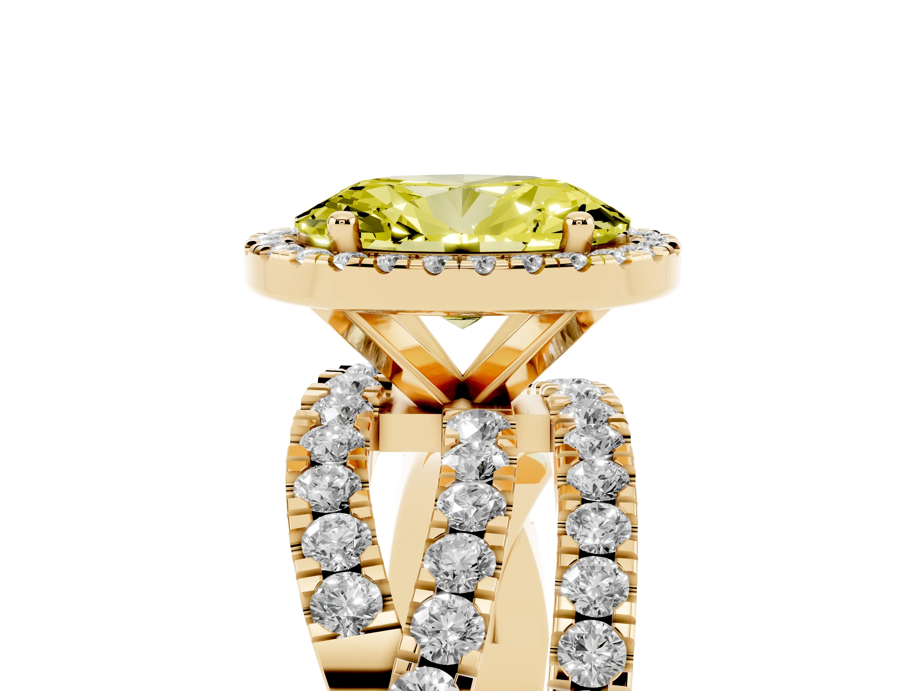 Fancy Yellow Oval Cut Diamond Halo Ring Set in Yellow gold with Round Crossover Split Shank and Prong Setting