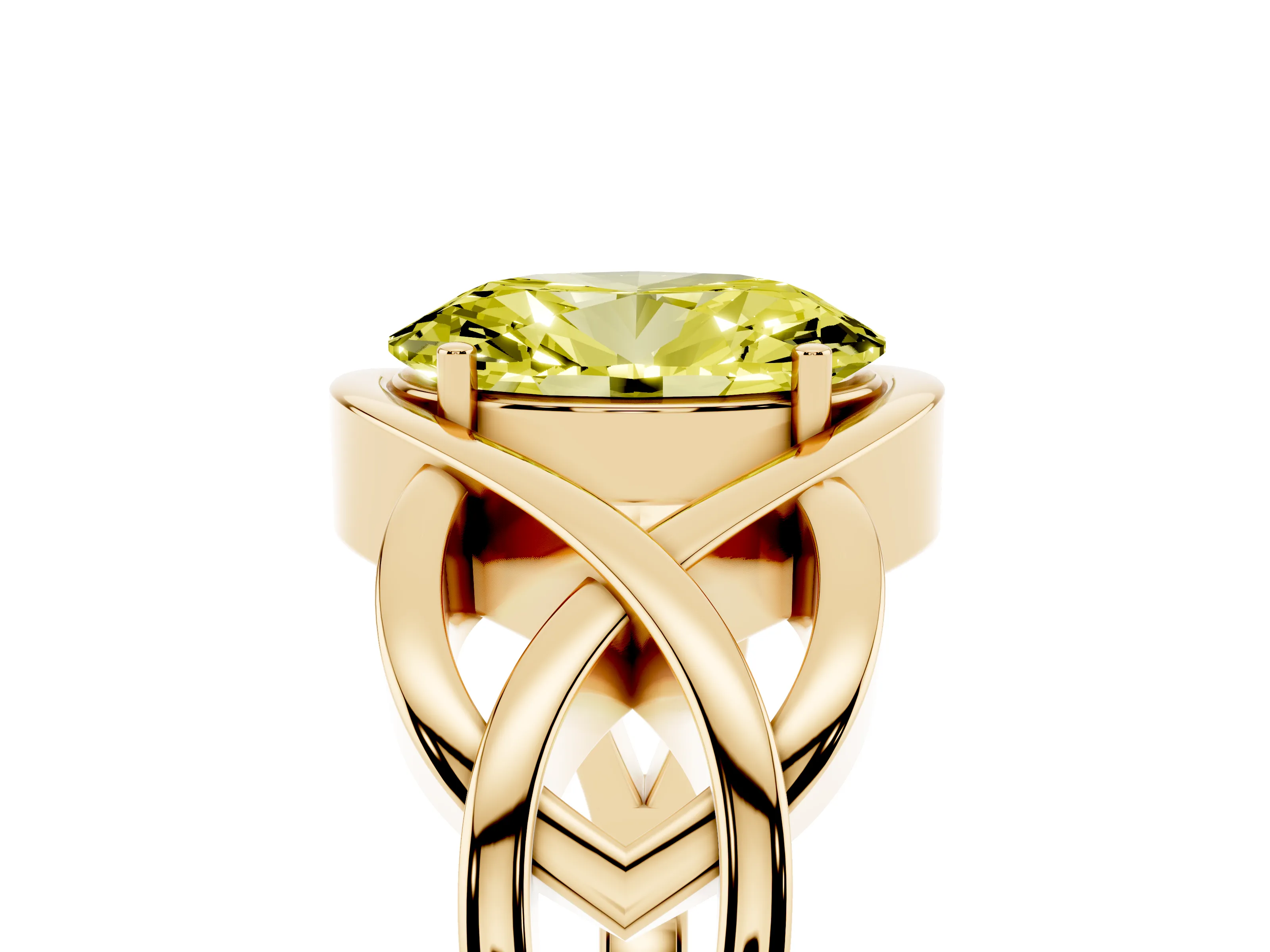 Fancy Yellow Oval Cut Diamond Solitaire Ring Set in Yellow gold with Intertwined Band