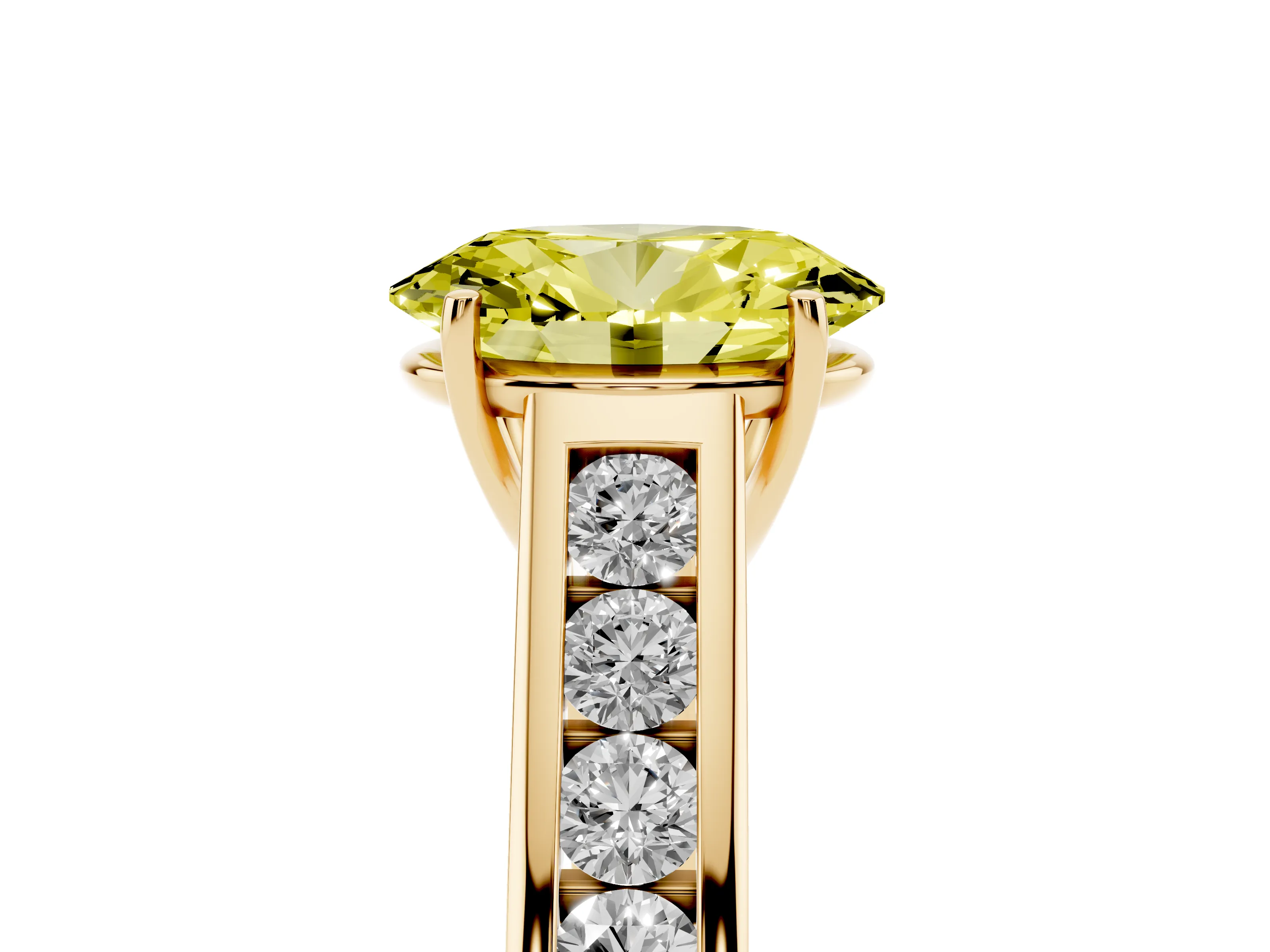 Fancy Yellow Oval Cut Diamond Solitaire Channel-Set Engagement Ring Set in Yellow gold with Prong Setting