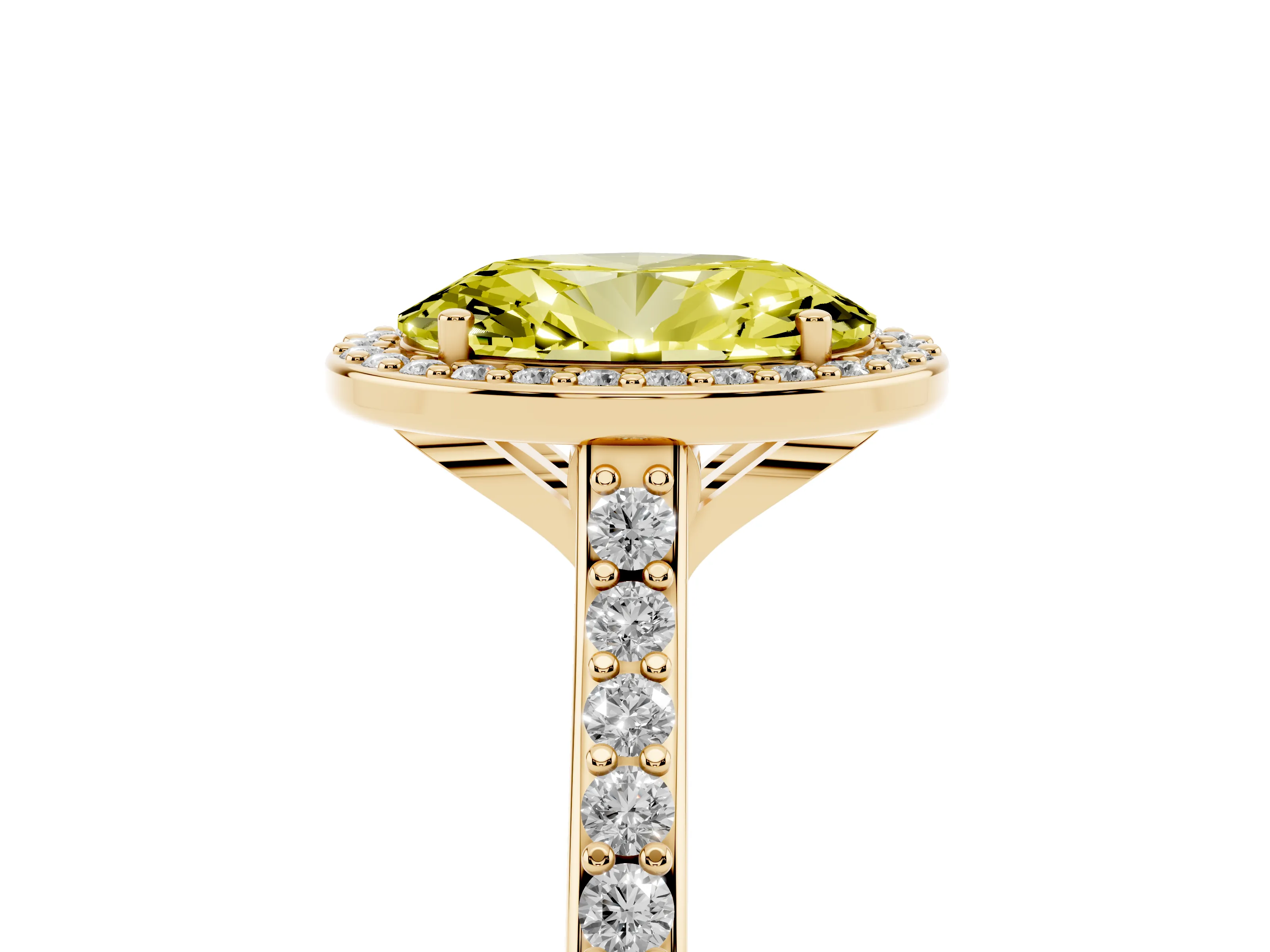 Fancy Yellow Oval Cut Diamond Halo Engagement Ring Set in Yellow gold with Round Pavé Shoulders and Heart Gallery