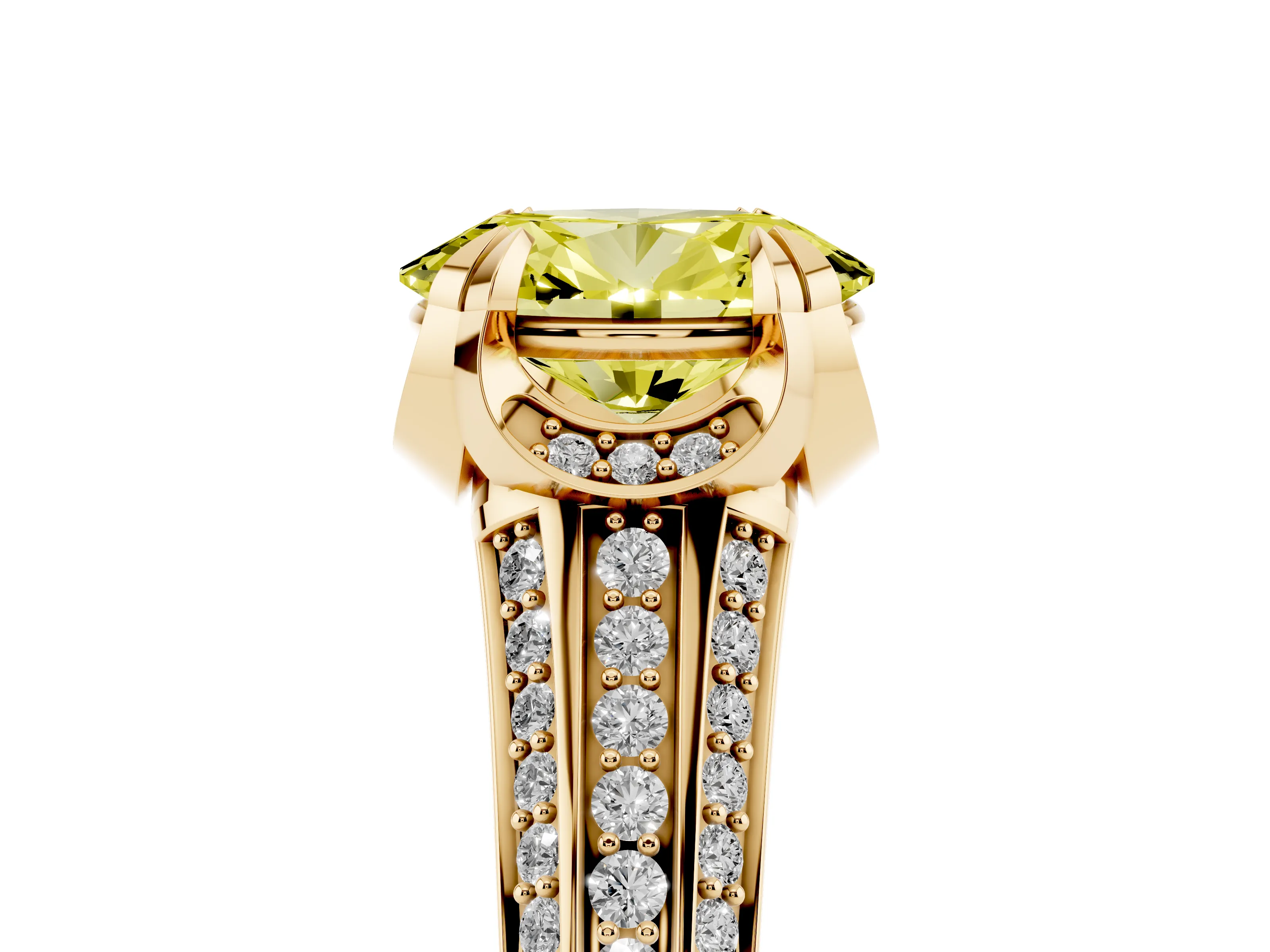 Fancy Yellow Oval Cut Diamond Pavé Split Shank Solitaire Ring Set in Yellow gold with Prong Setting