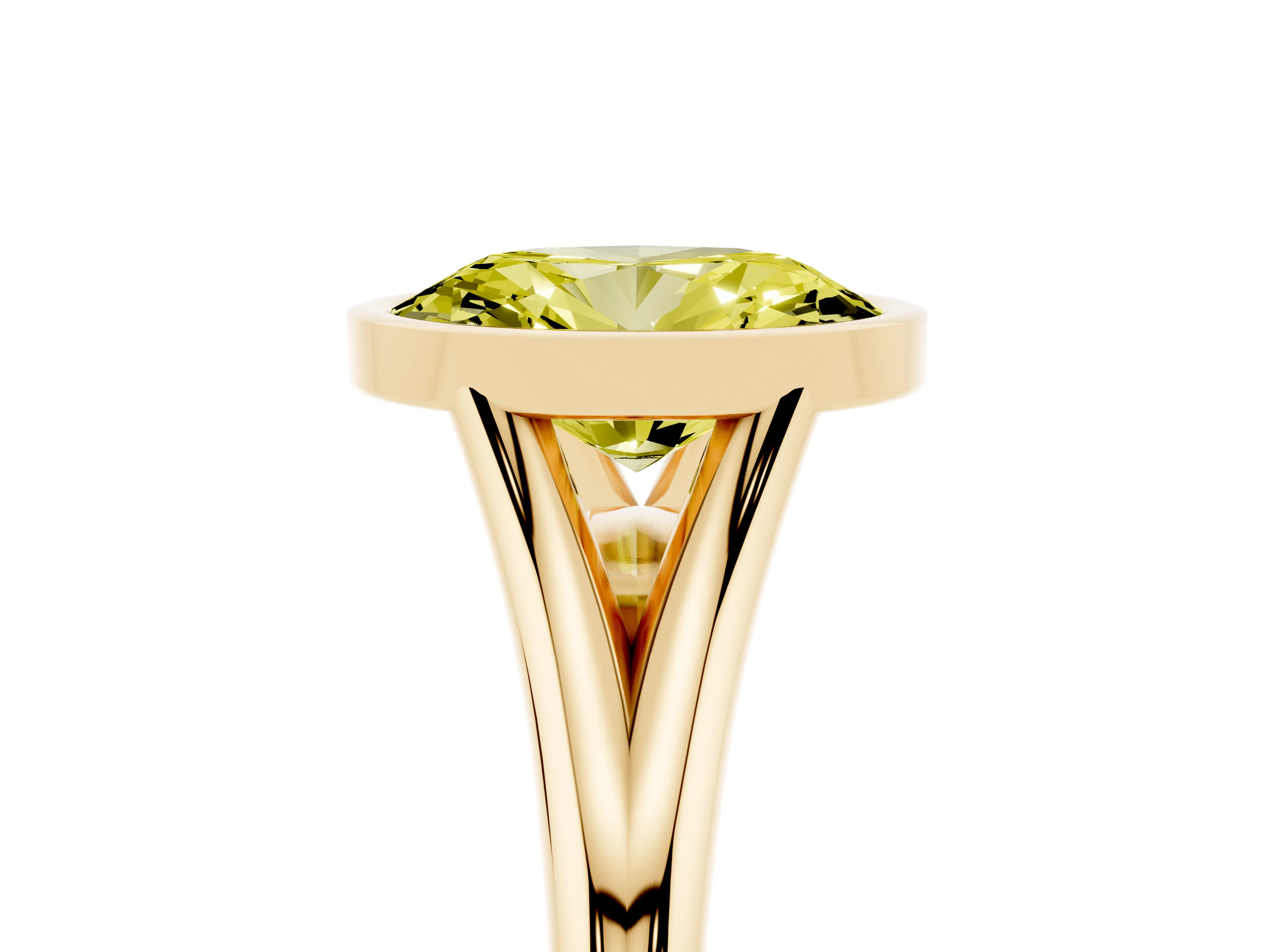 Fancy Yellow Bezel Set Oval Cut Diamond Solitaire Ring Set in Yellow gold with Tapered Band