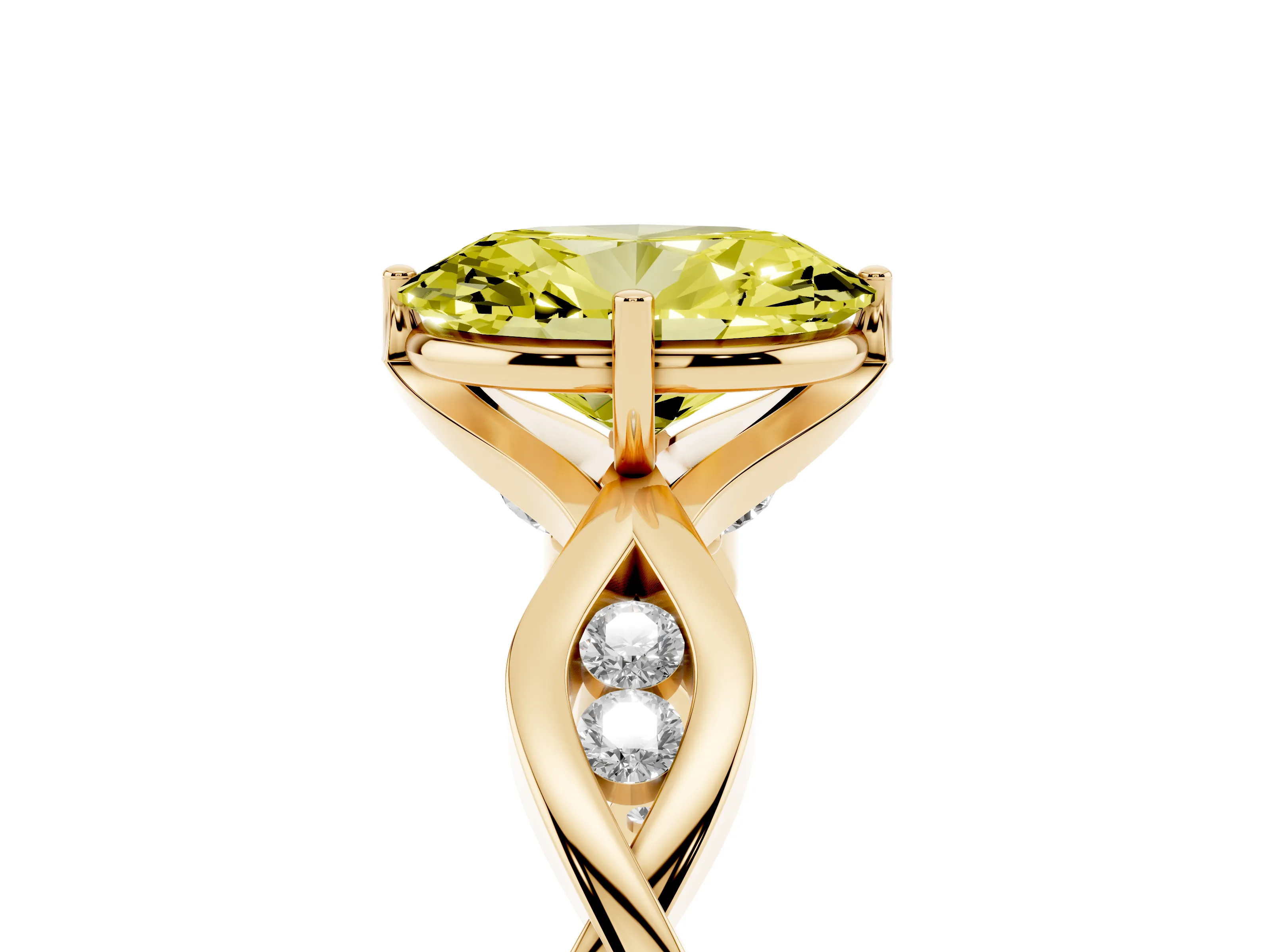 Fancy Yellow Oval Cut Diamond Twist Band Solitaire Ring Set in Yellow gold with Leaf Prong Setting and Accent Stones