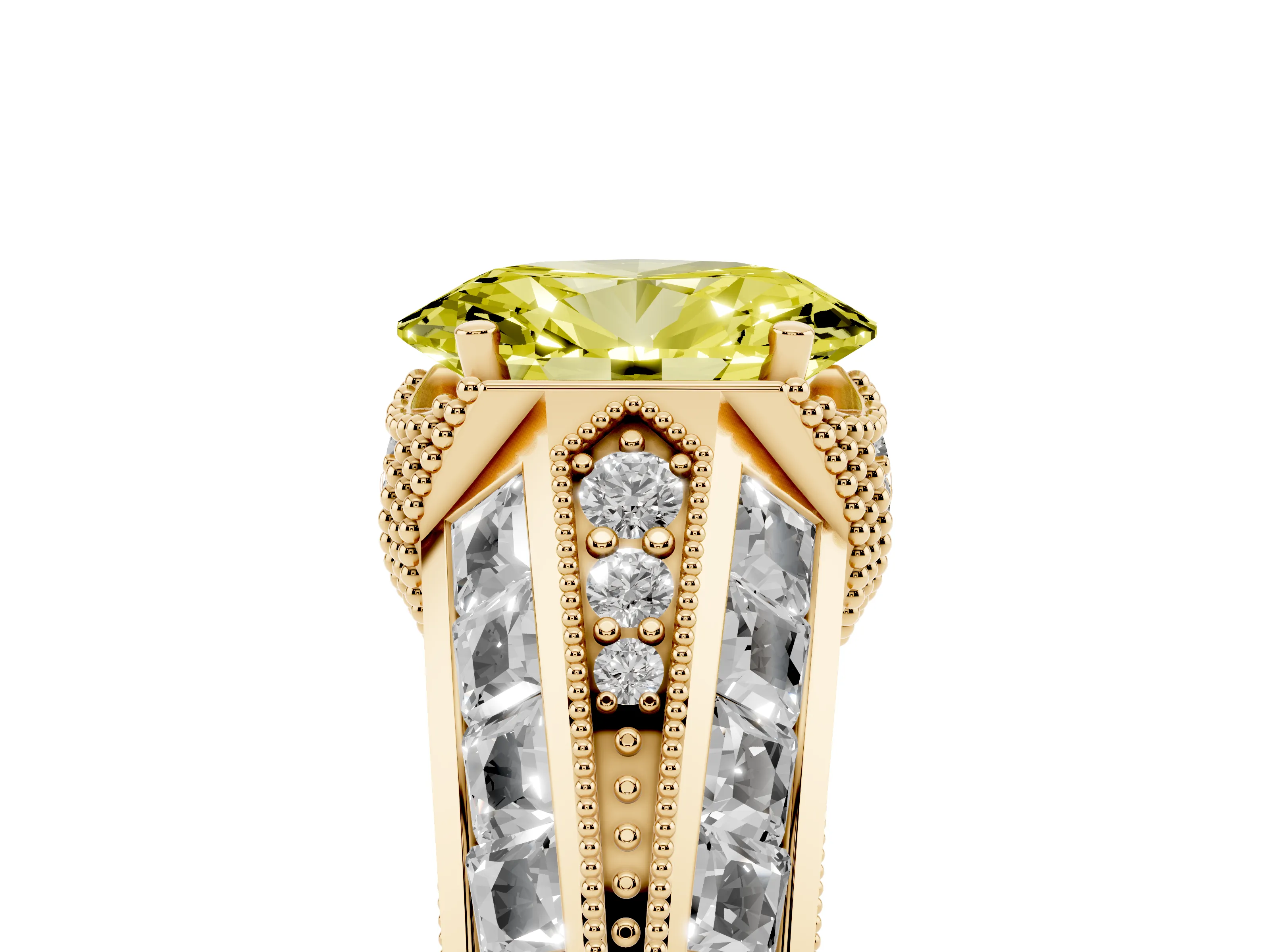 Fancy Yellow Oval Cut Diamond Vintage-Inspired Milgrain Ring Set in Yellow gold with Accent Split Shank