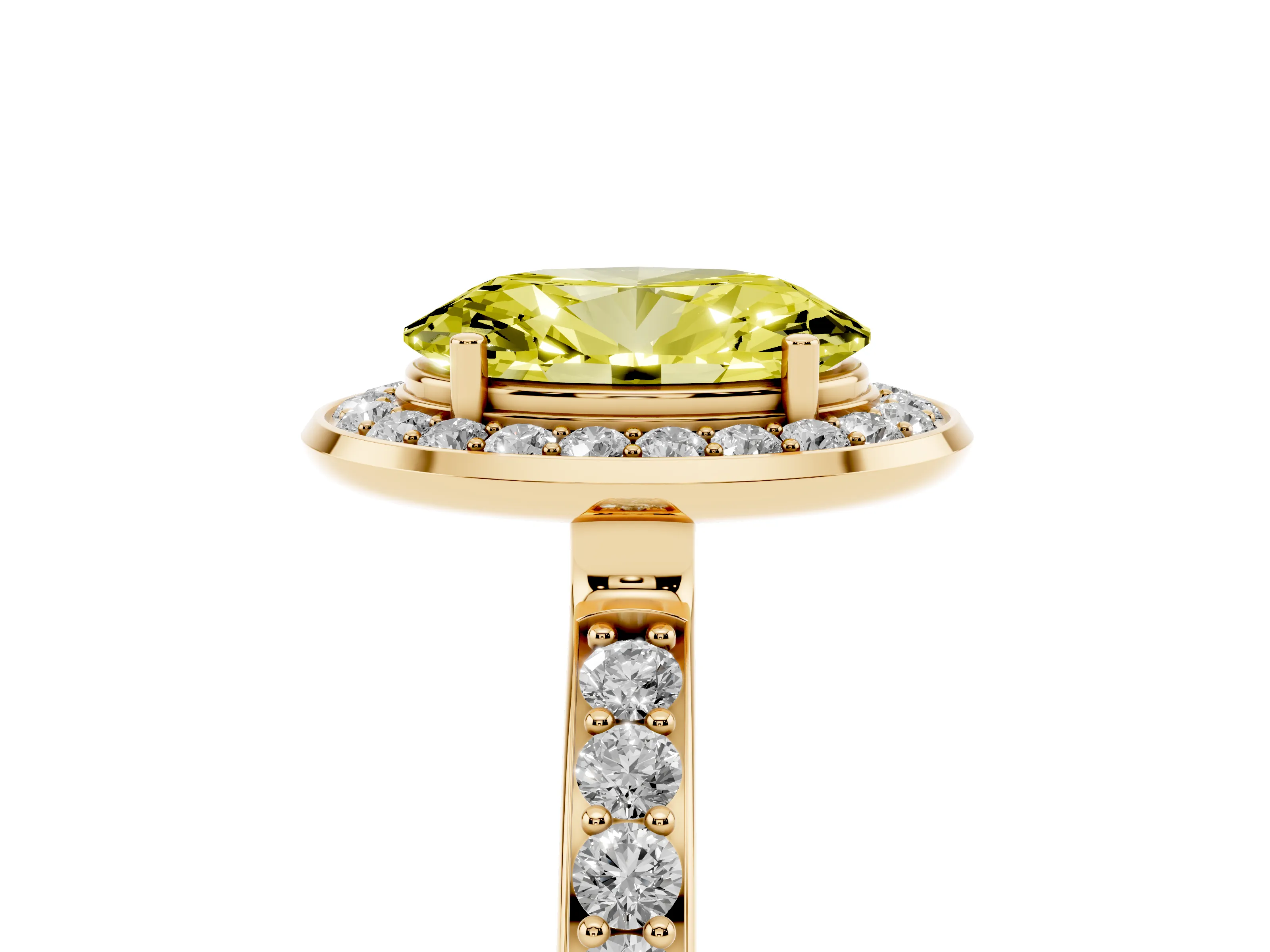 Fancy Yellow Oval Cut Diamond Halo Ring Set in Yellow gold with Bezel Frame and Pavé Band