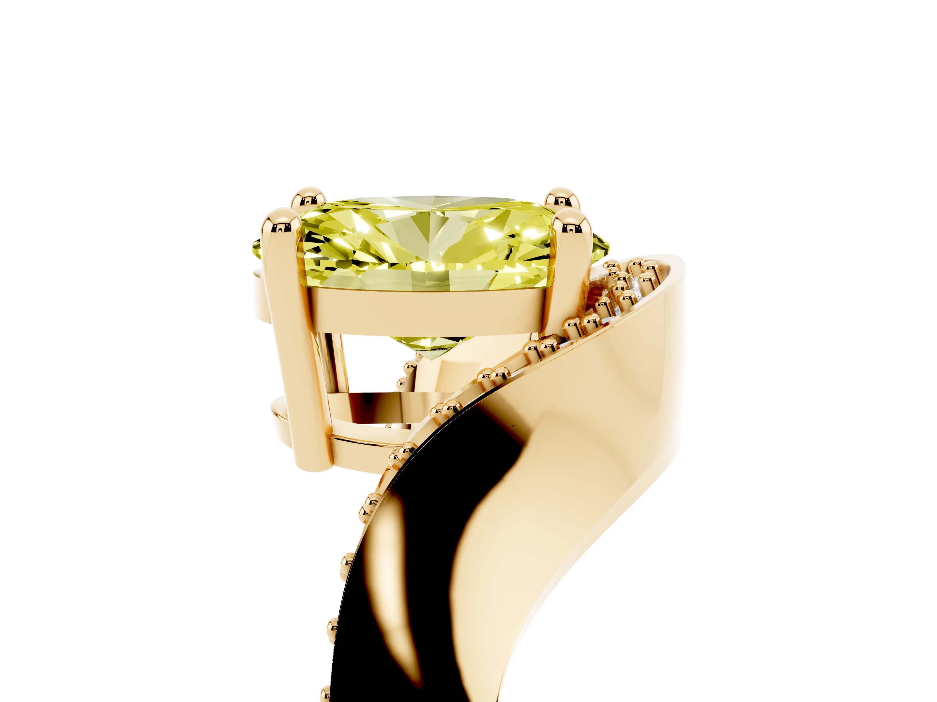 Fancy Yellow Oval Cut Diamond Solitaire Engagement Ring Set in Yellow gold with Pavé Shoulders