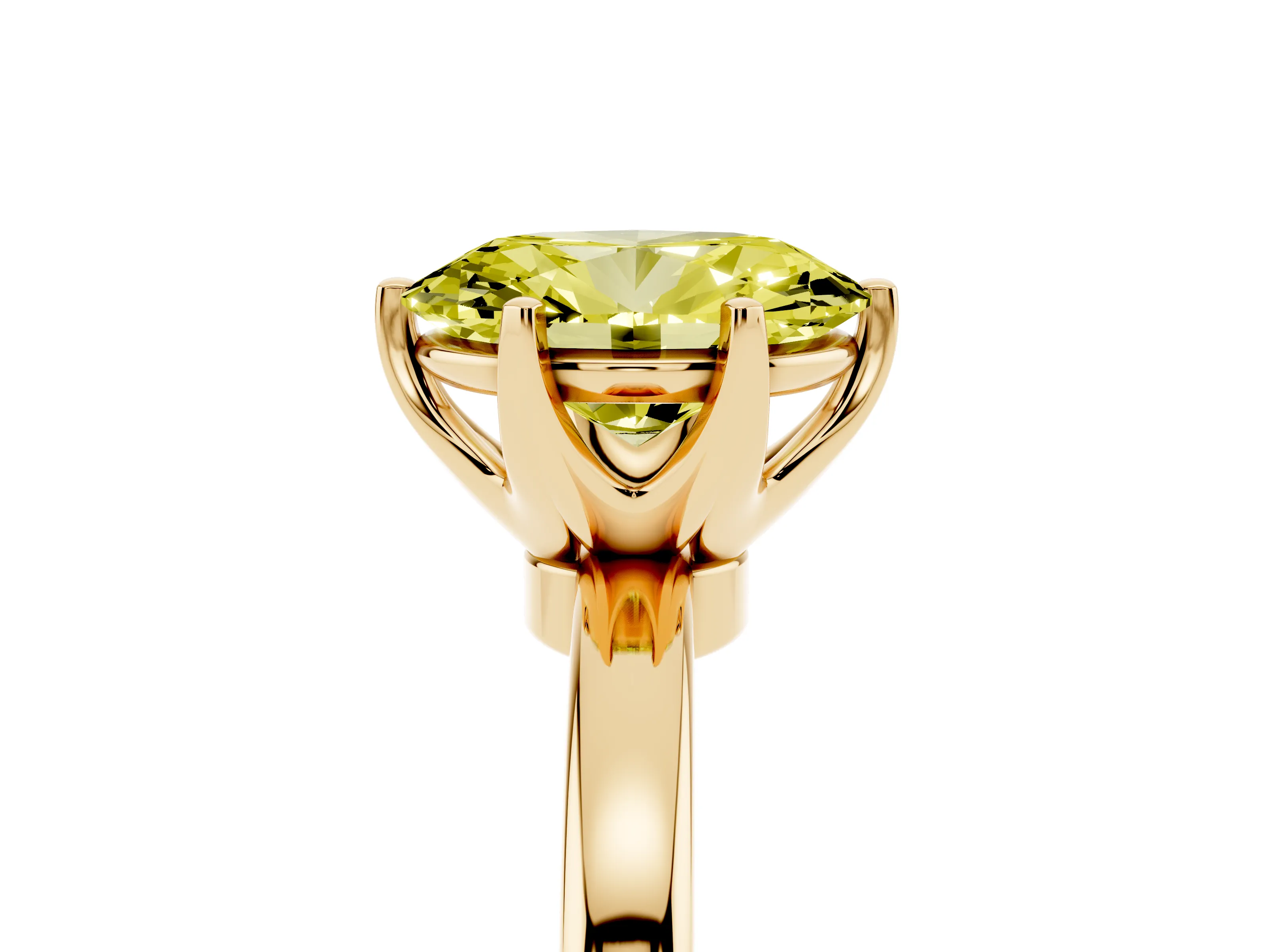 Fancy Yellow Oval Cut Diamond Solitaire Ring Set in Yellow gold with Raised Prong Setting on a Classic Band