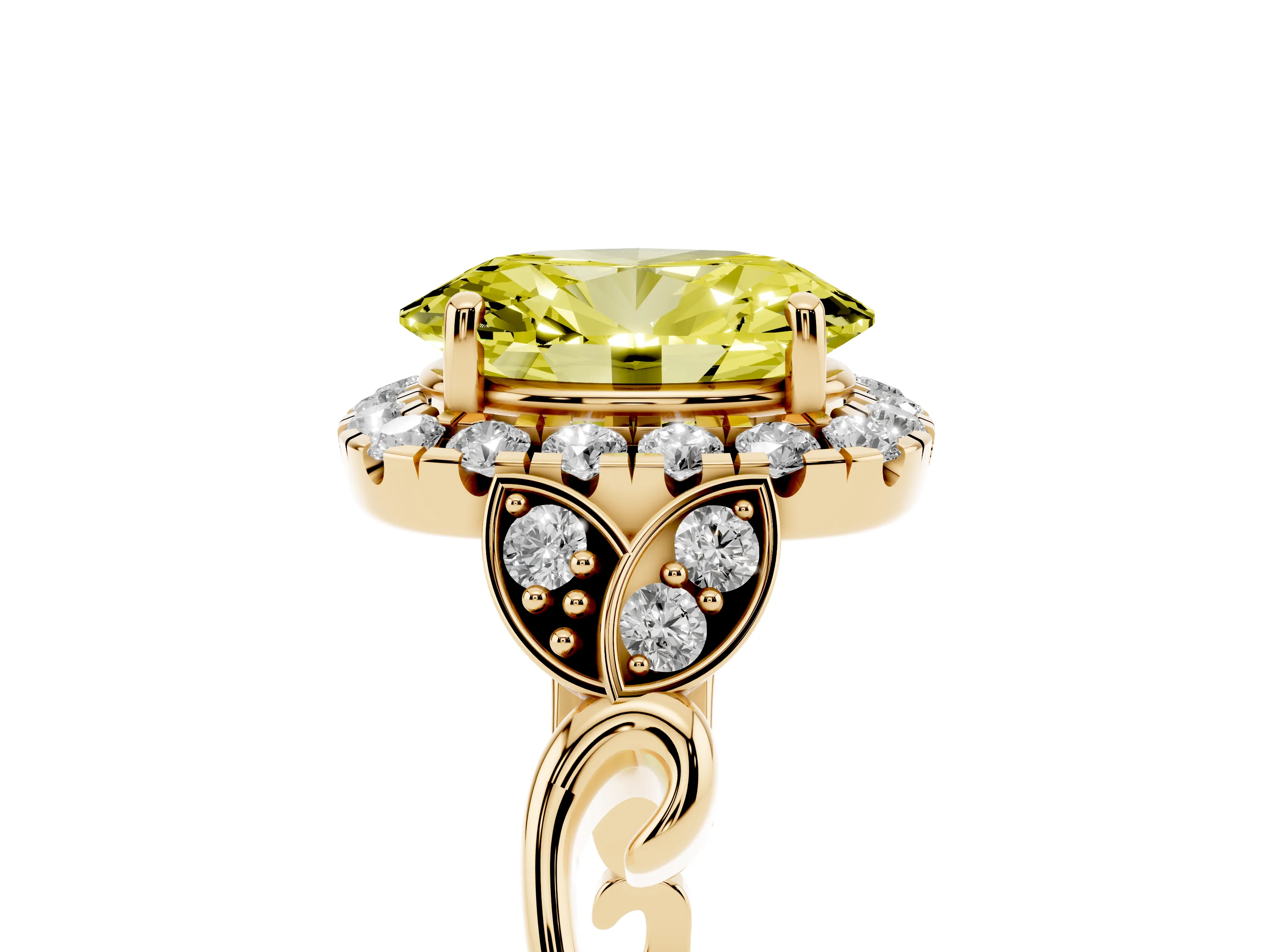 Fancy Yellow Oval Cut Diamond Halo Engagement Ring Set in Yellow gold with Vintage-Inspired Band and Prong Setting
