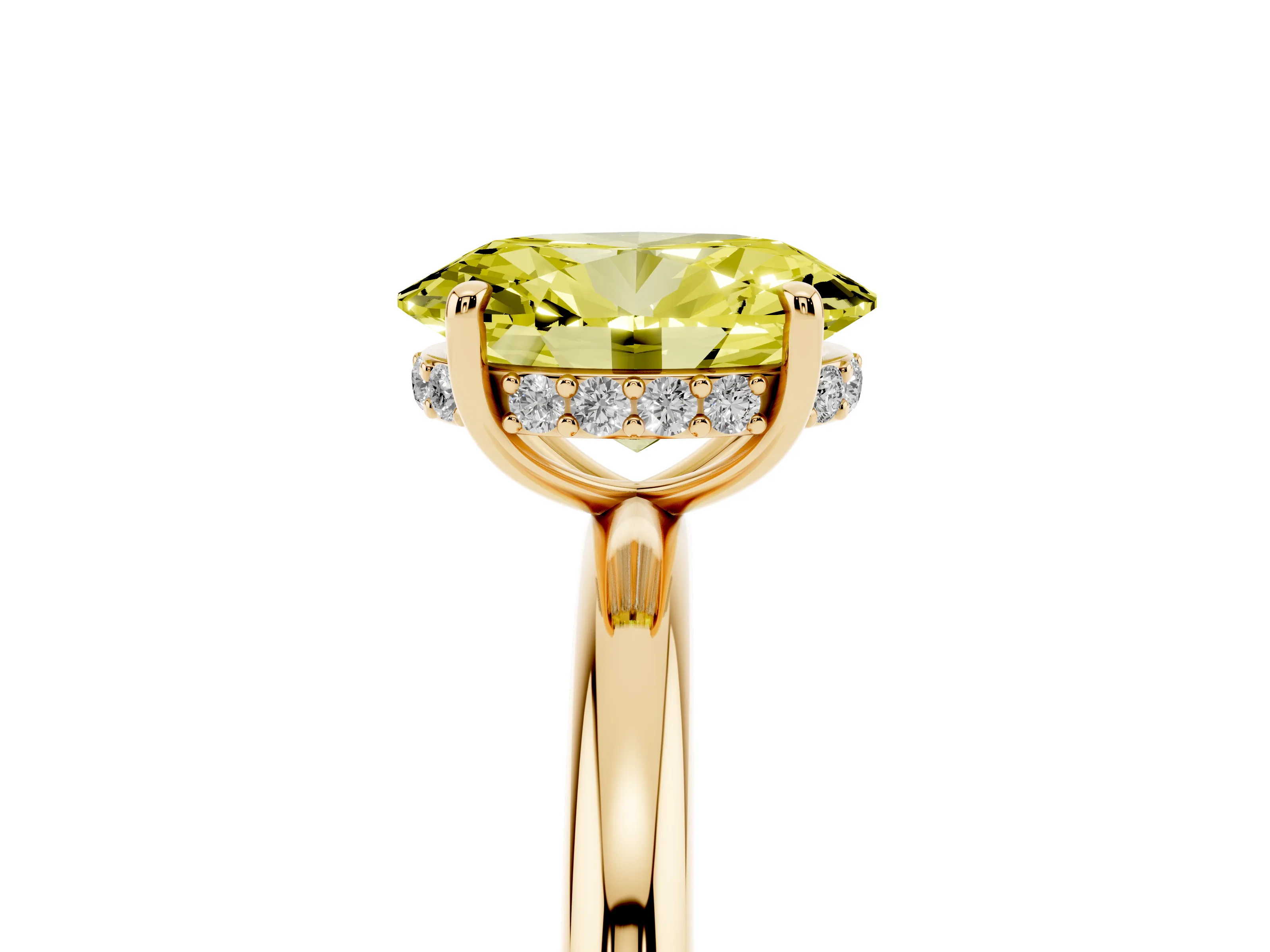 Fancy Yellow Oval Cut Diamond Solitaire Ring Set in Yellow gold with Thin Band and Prong Setting
