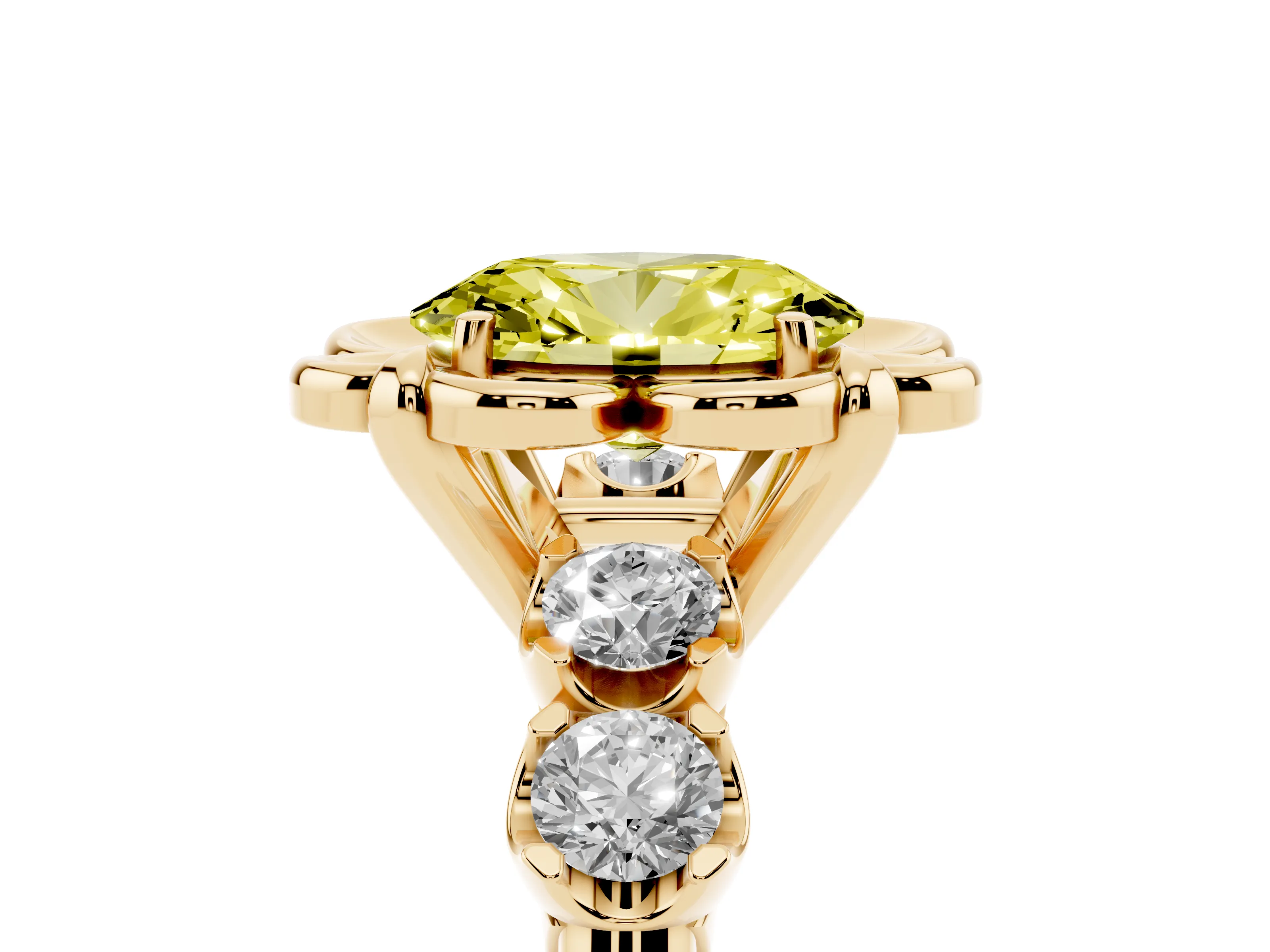 Fancy Yellow Oval Cut Diamond Floral Halo Ring Set in Yellow gold with Shared Prong Band