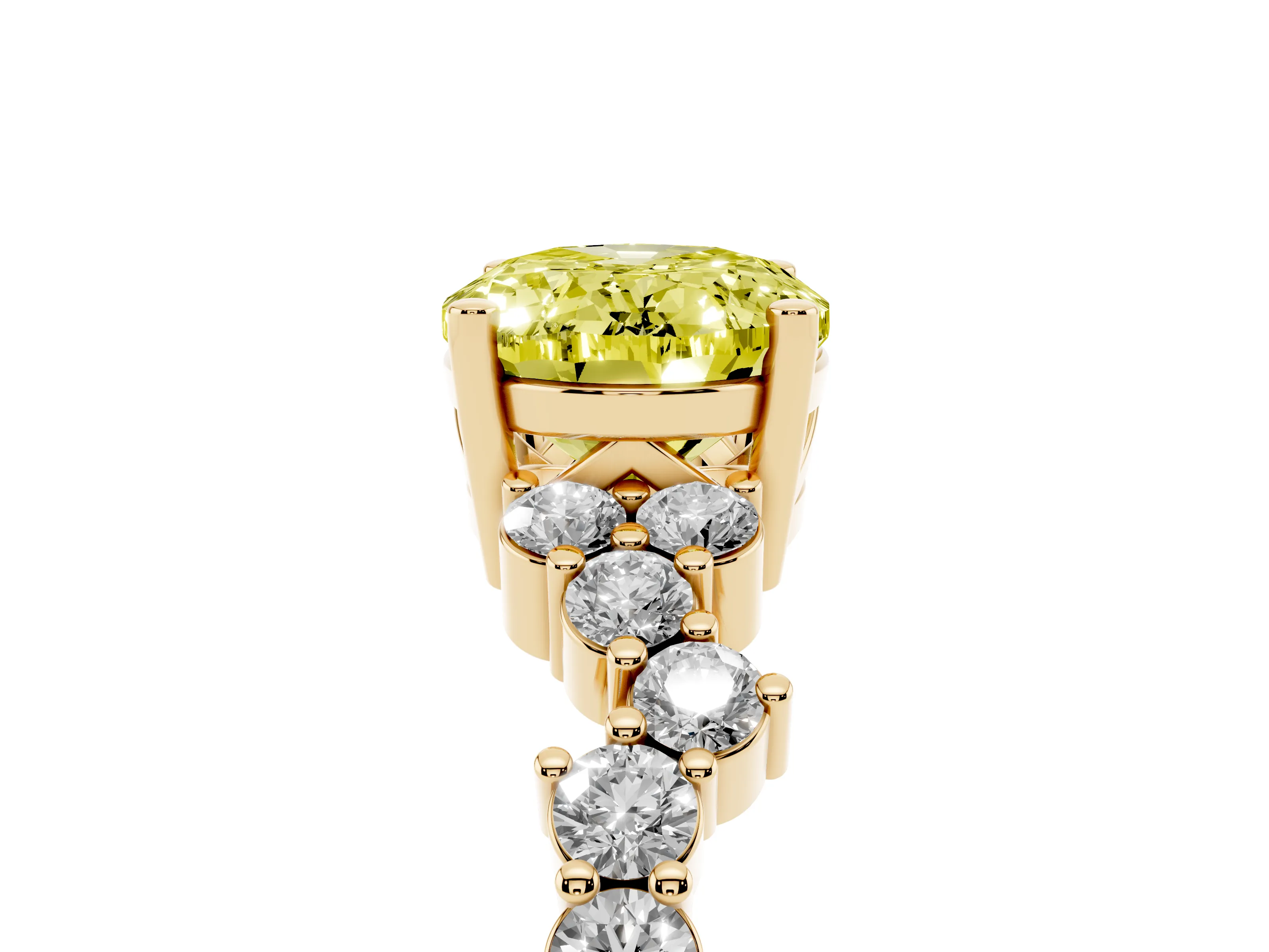 Fancy Yellow Oval Cut Diamond Ring Set in Yellow gold with Scattered Round Accents