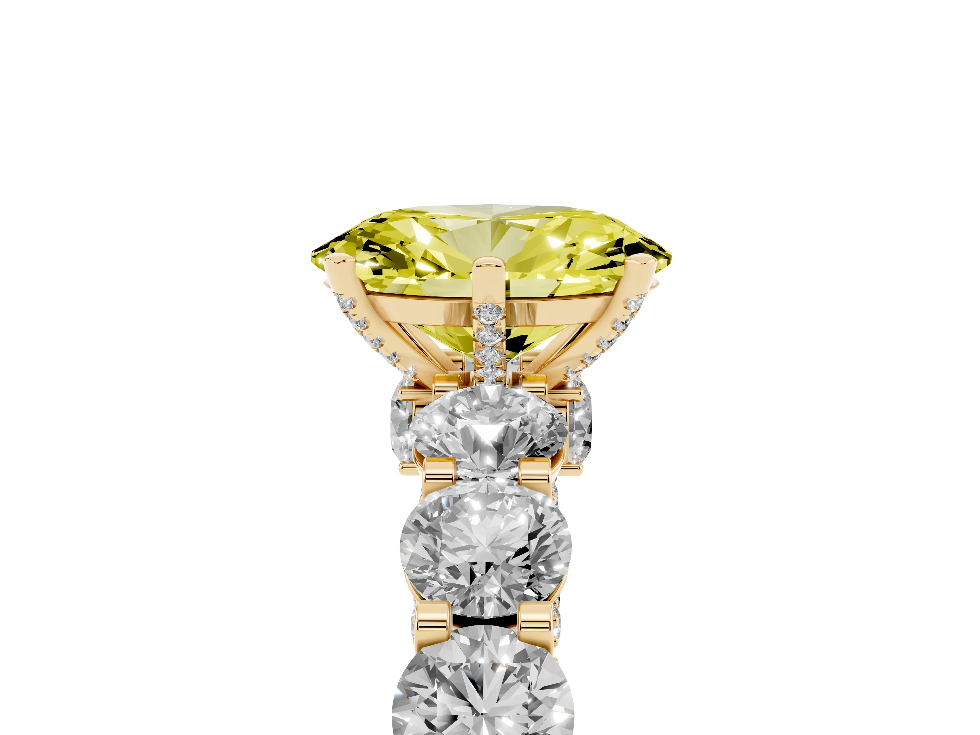 Fancy Yellow Oval Cut Diamond Side Stone Ring Set in Yellow gold with Alternating Round and Oval Side Stones