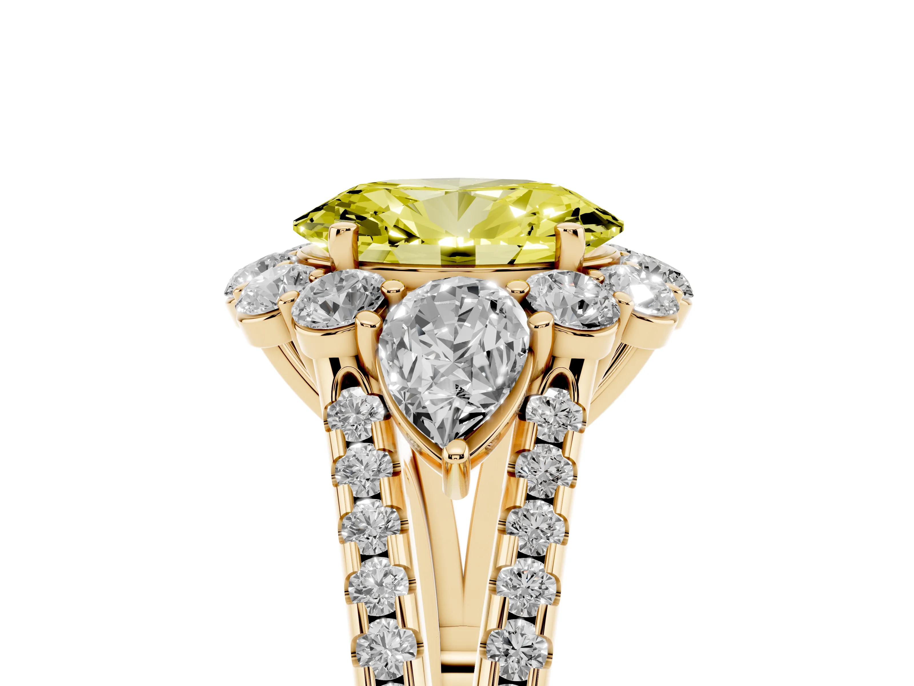 Fancy Yellow Oval Cut Diamond Halo Split Shank Engagement Ring Set in Yellow gold with Prong-Held Center Stone