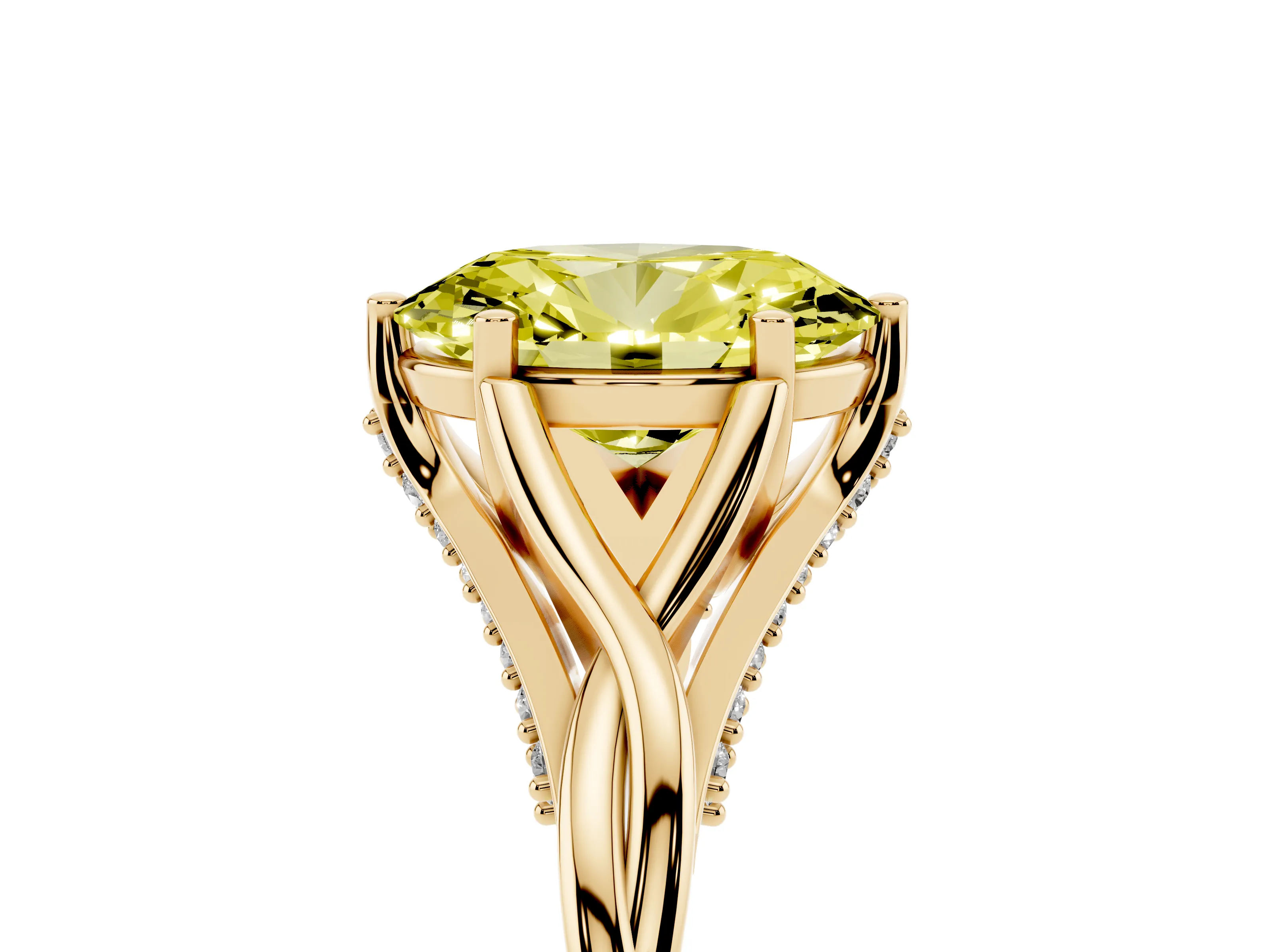 Fancy Yellow Oval Cut Diamond Intertwined Twist Band Solitaire Ring Set in Yellow gold with Prong Setting