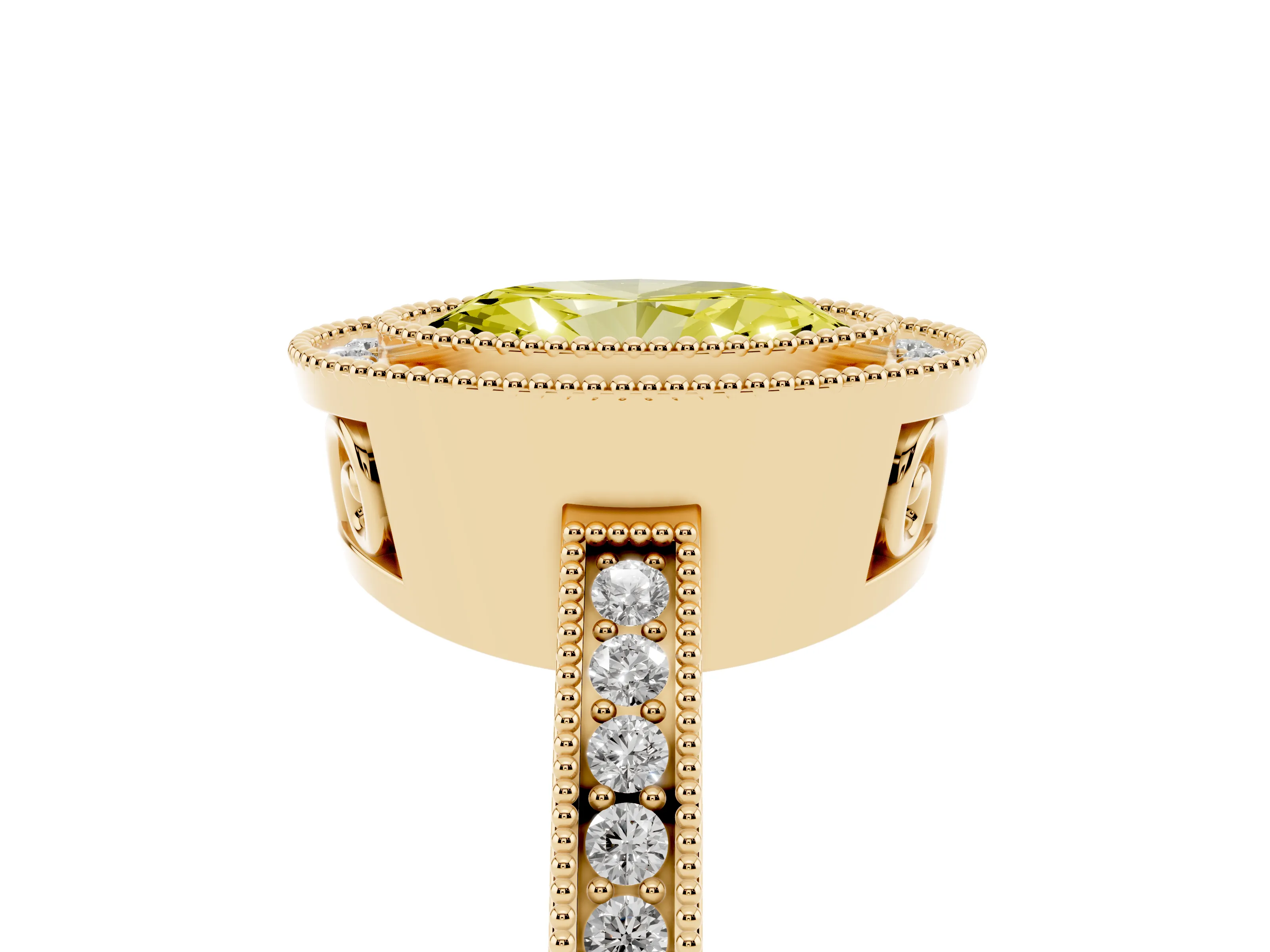 Fancy Yellow Oval Cut Diamond Halo Ring Set in Yellow gold with Pavé Band and Milgrain-Edged Prongs