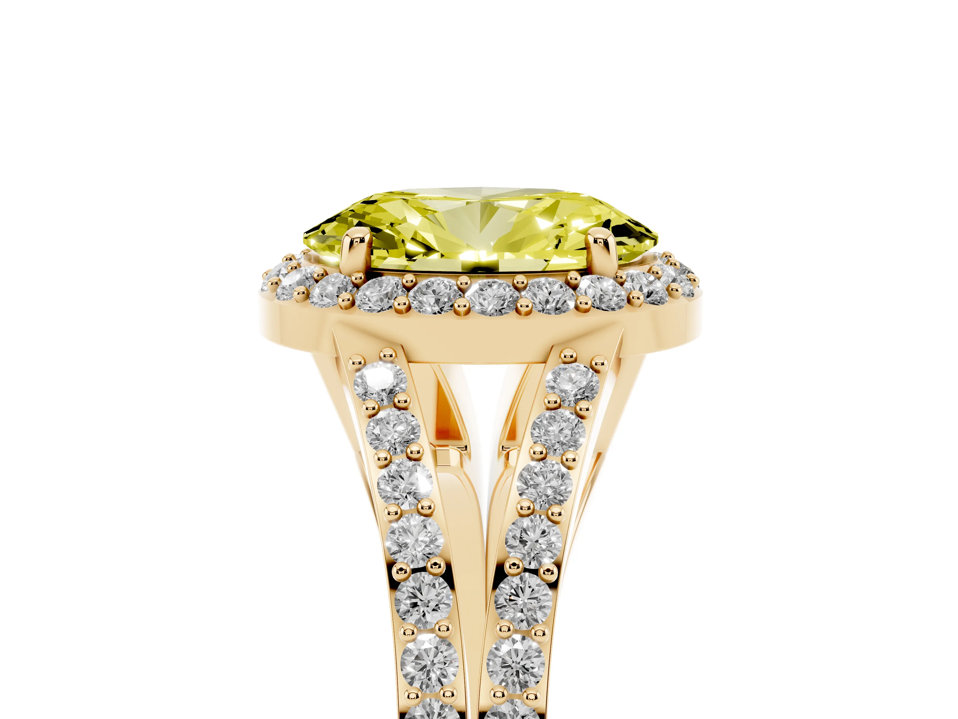 Fancy Yellow Oval Cut Diamond Halo Split Shank Ring Set in Yellow gold with Accent Stones and Prong Setting