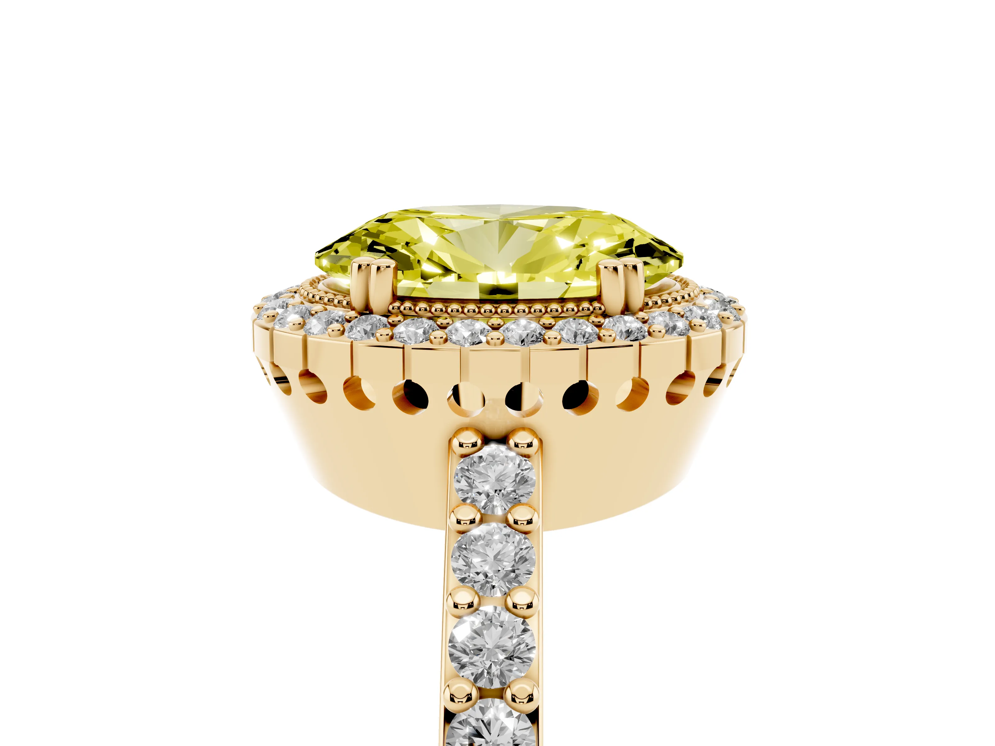 Fancy Yellow Oval Cut Diamond Halo Engagement Ring Set in Yellow gold with Milgrain Detail and Pavé Band