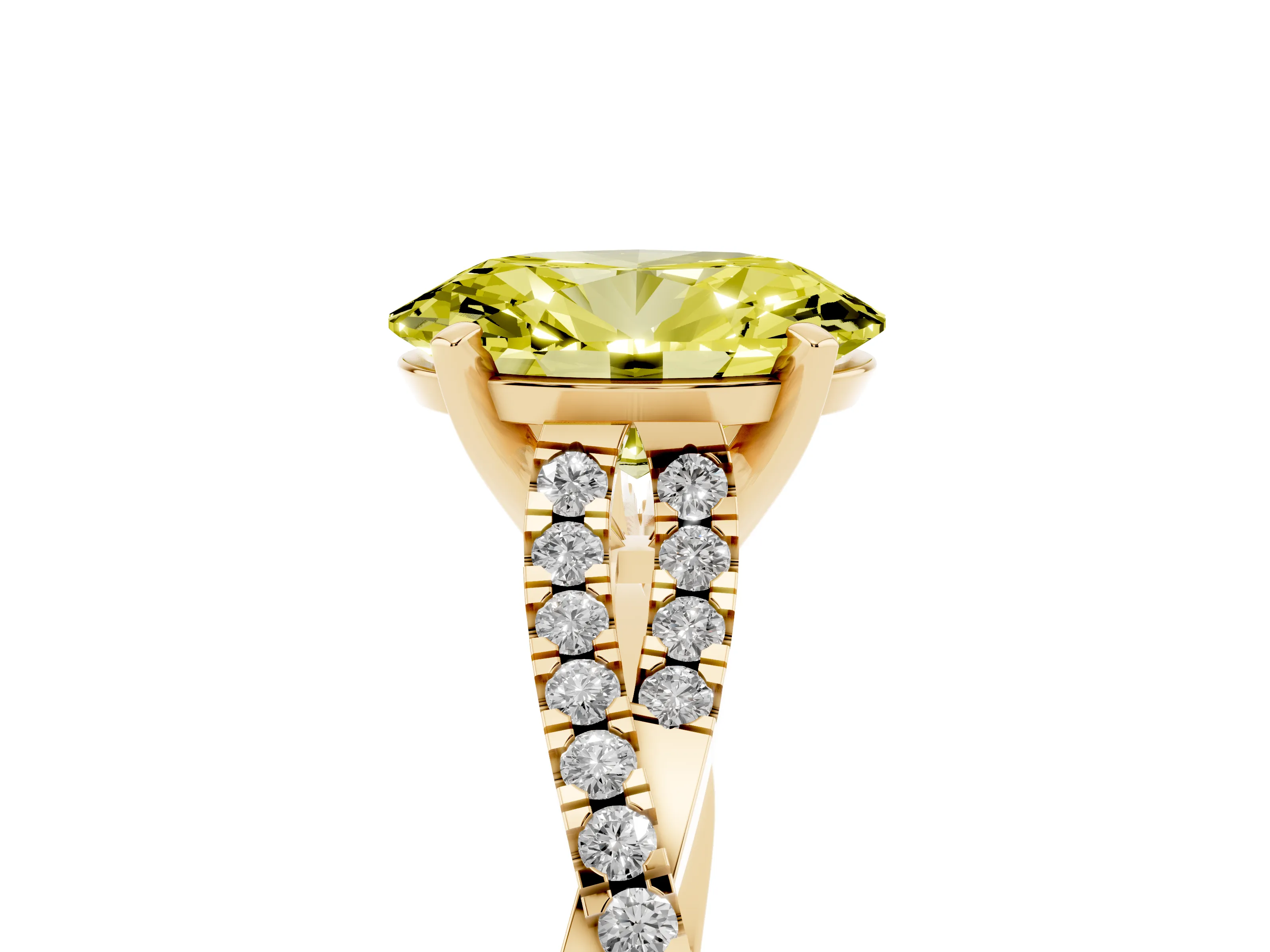 Fancy Yellow Oval Cut Diamond Solitaire Engagement Ring Set in Yellow gold with Twisted Pavé Band and Prong Setting