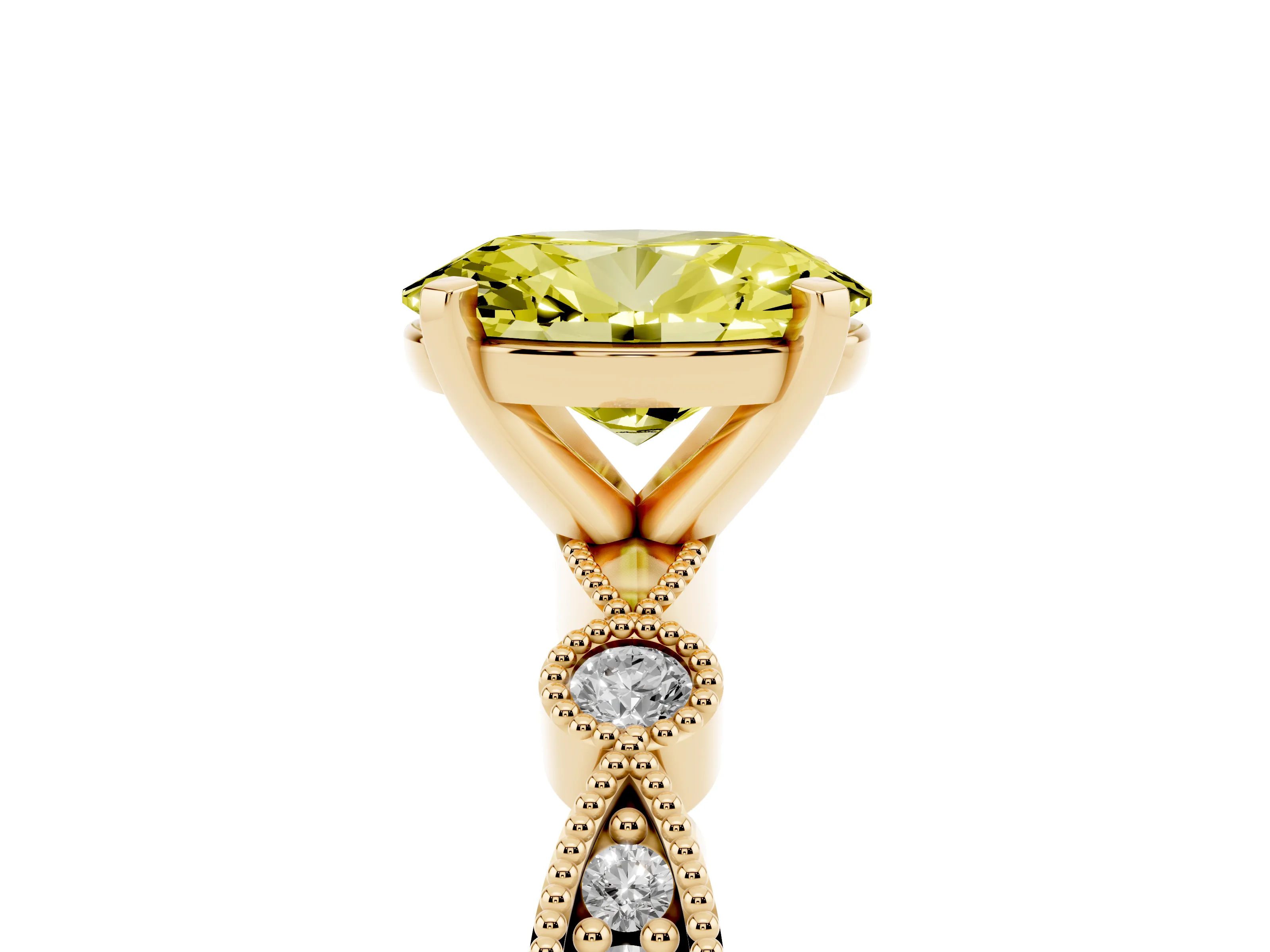 Fancy Yellow Oval Cut Diamond Solitaire Engagement Ring Set in Yellow gold with Milgrain Bezel Accent Band