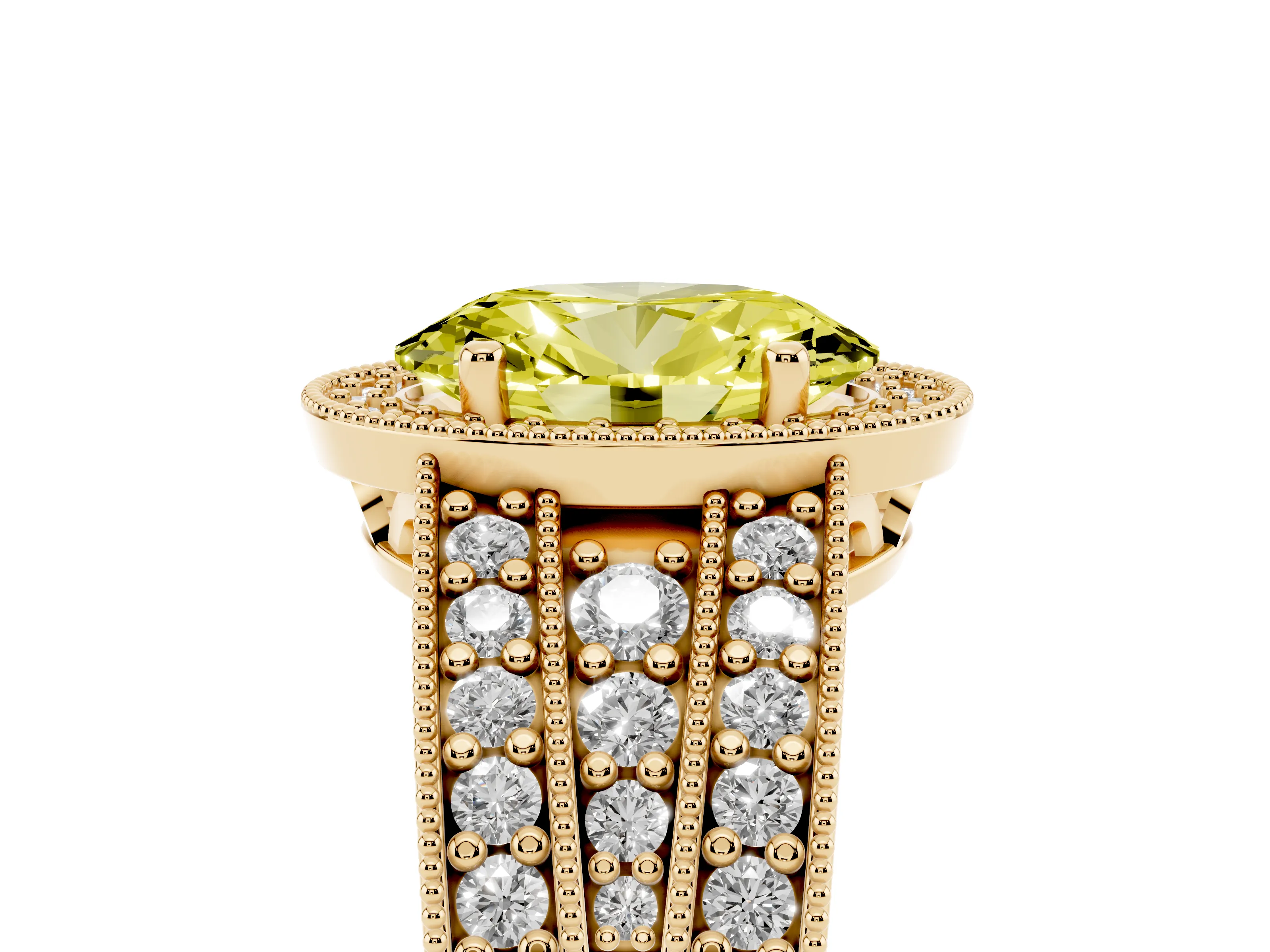Fancy Yellow Oval Cut Diamond Halo Ring Set in Yellow gold with Accent Split Shank and Prong Setting