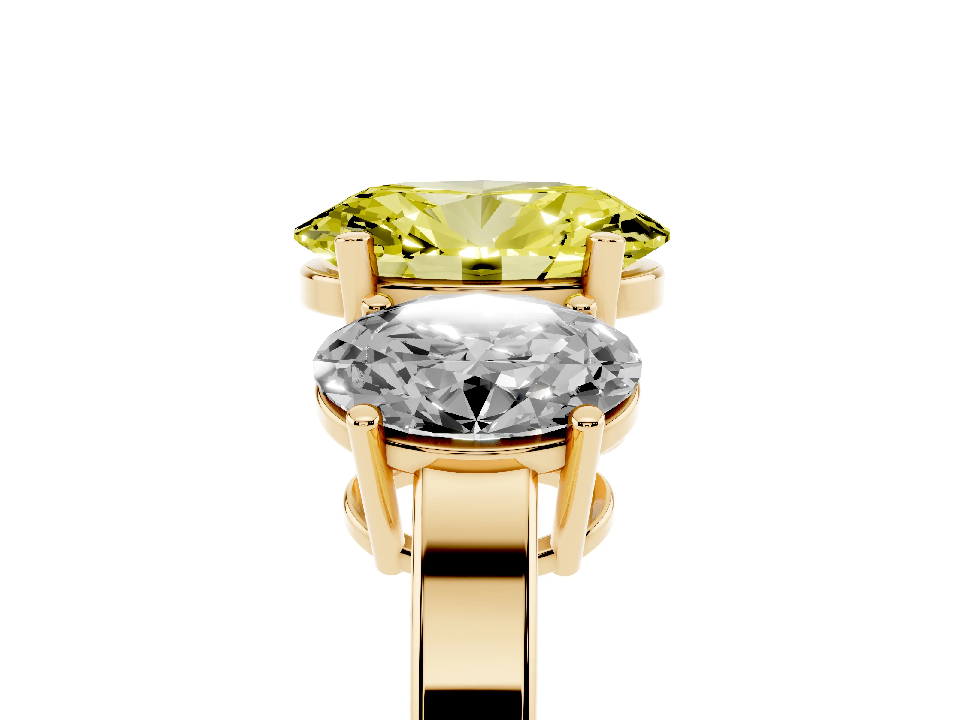 Fancy Yellow Oval Cut Diamond Three-Stone Engagement Ring Set in Yellow gold with Flat Band