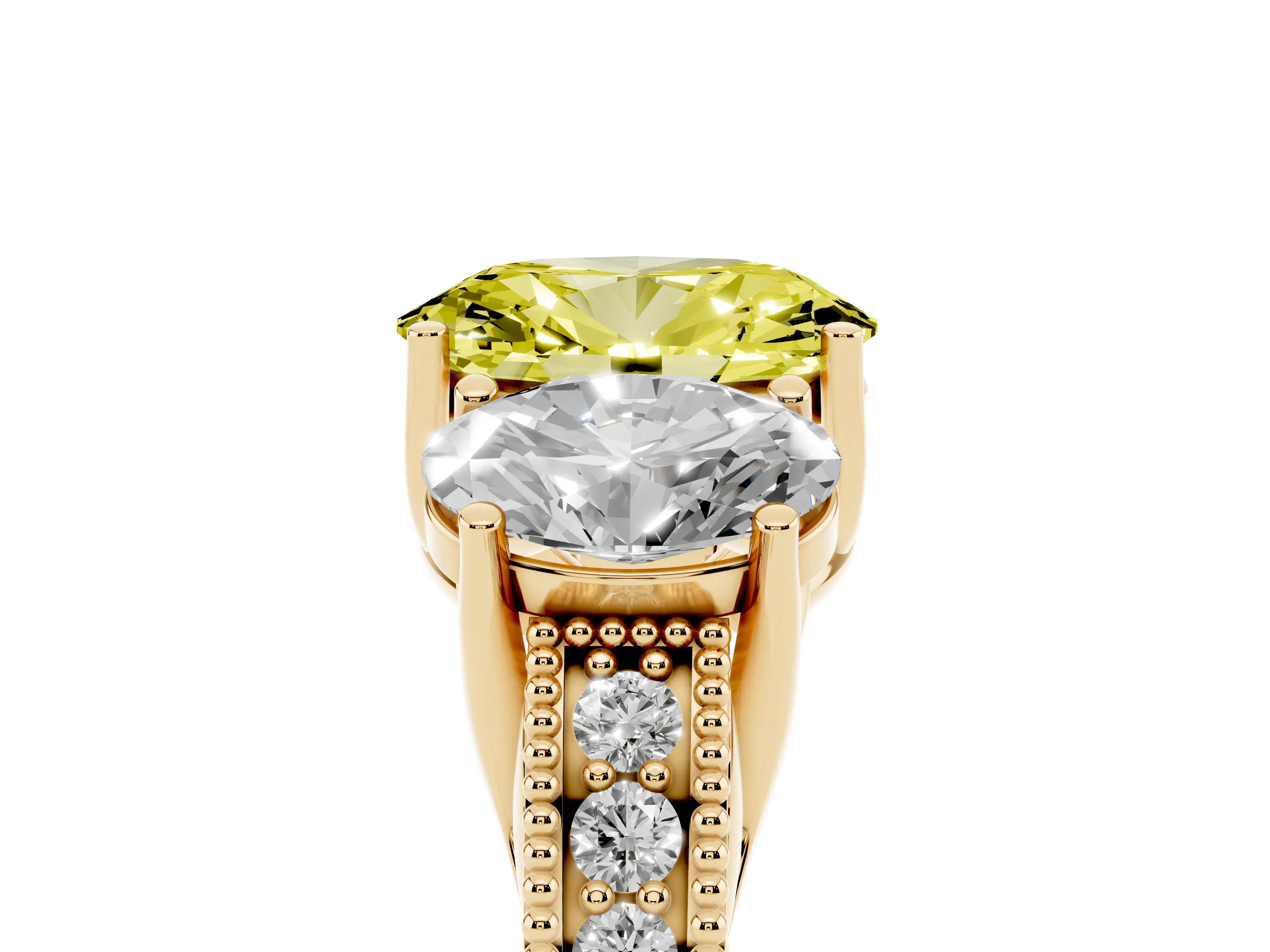Fancy Yellow Oval Cut Diamond Three-Stone Engagement Ring Set in Yellow gold with Milgrain Pavé Band