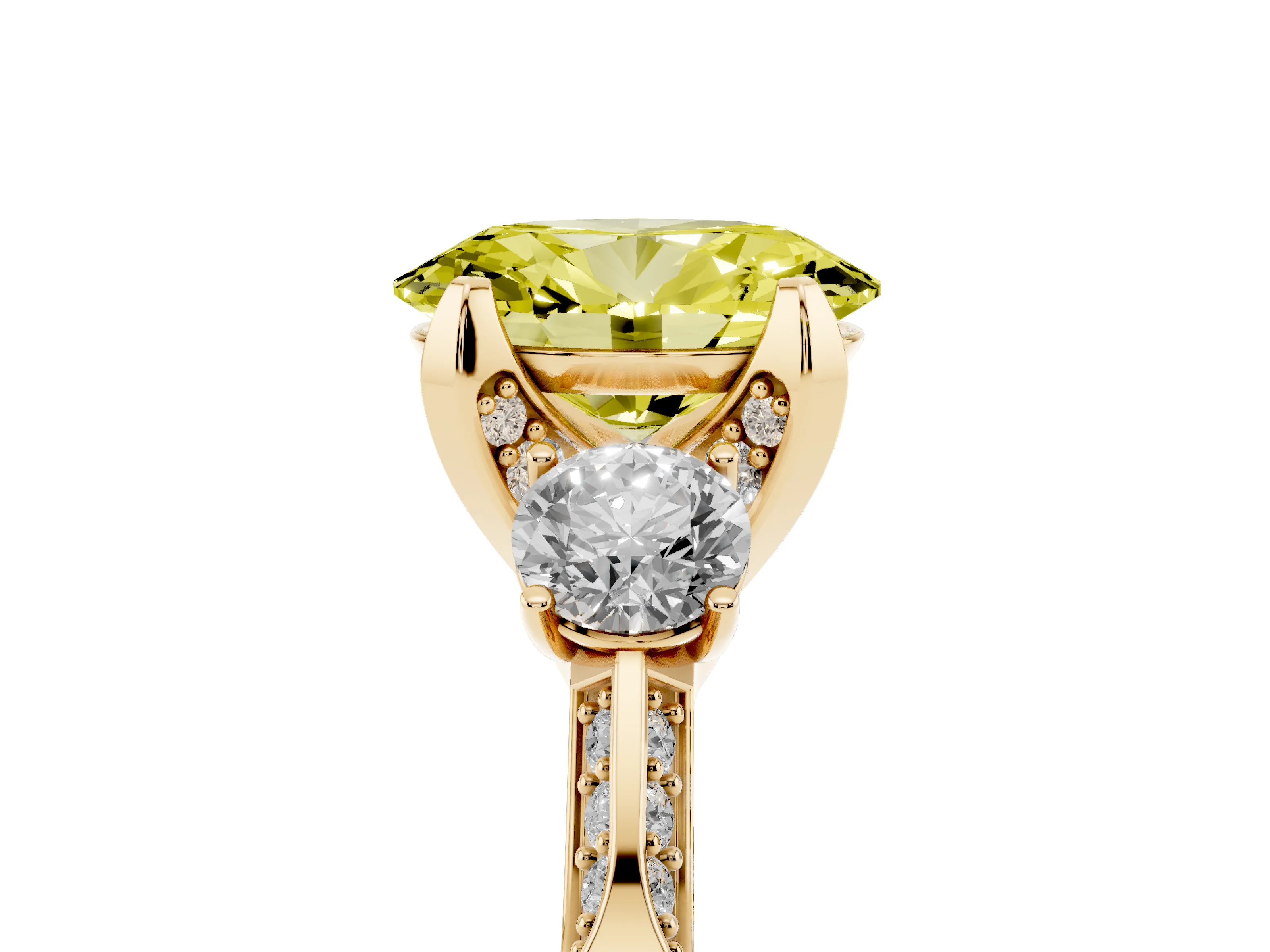 Fancy Yellow Oval Cut Diamond Three-Stone Ring Set in Yellow gold with Pavé Band and Smaller Side Stones