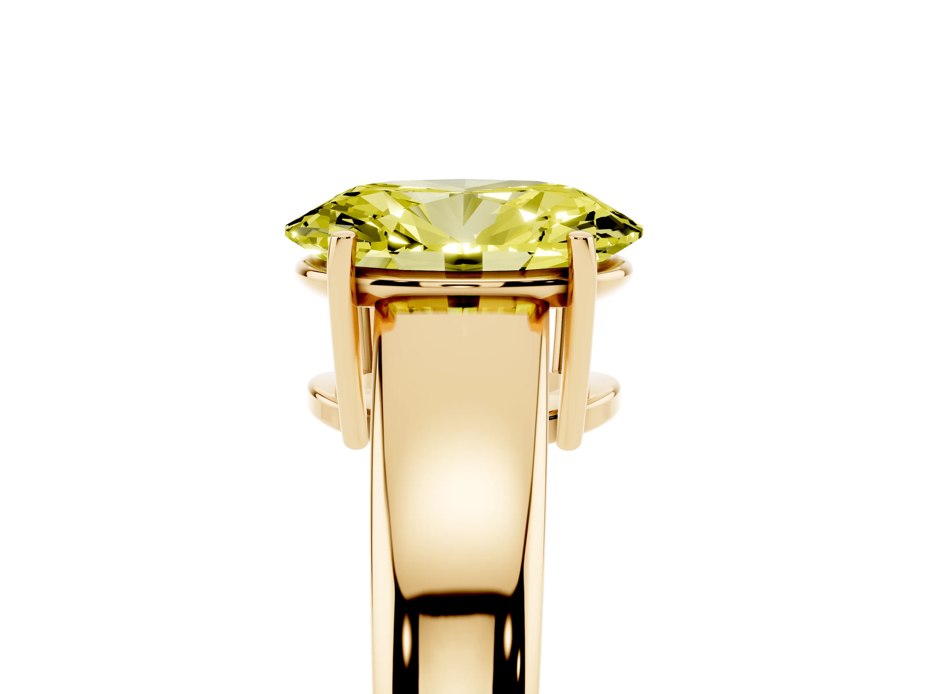 Fancy Yellow Oval Cut Diamond Solitaire Ring Set in Yellow gold with Tapered Band and Prong Setting