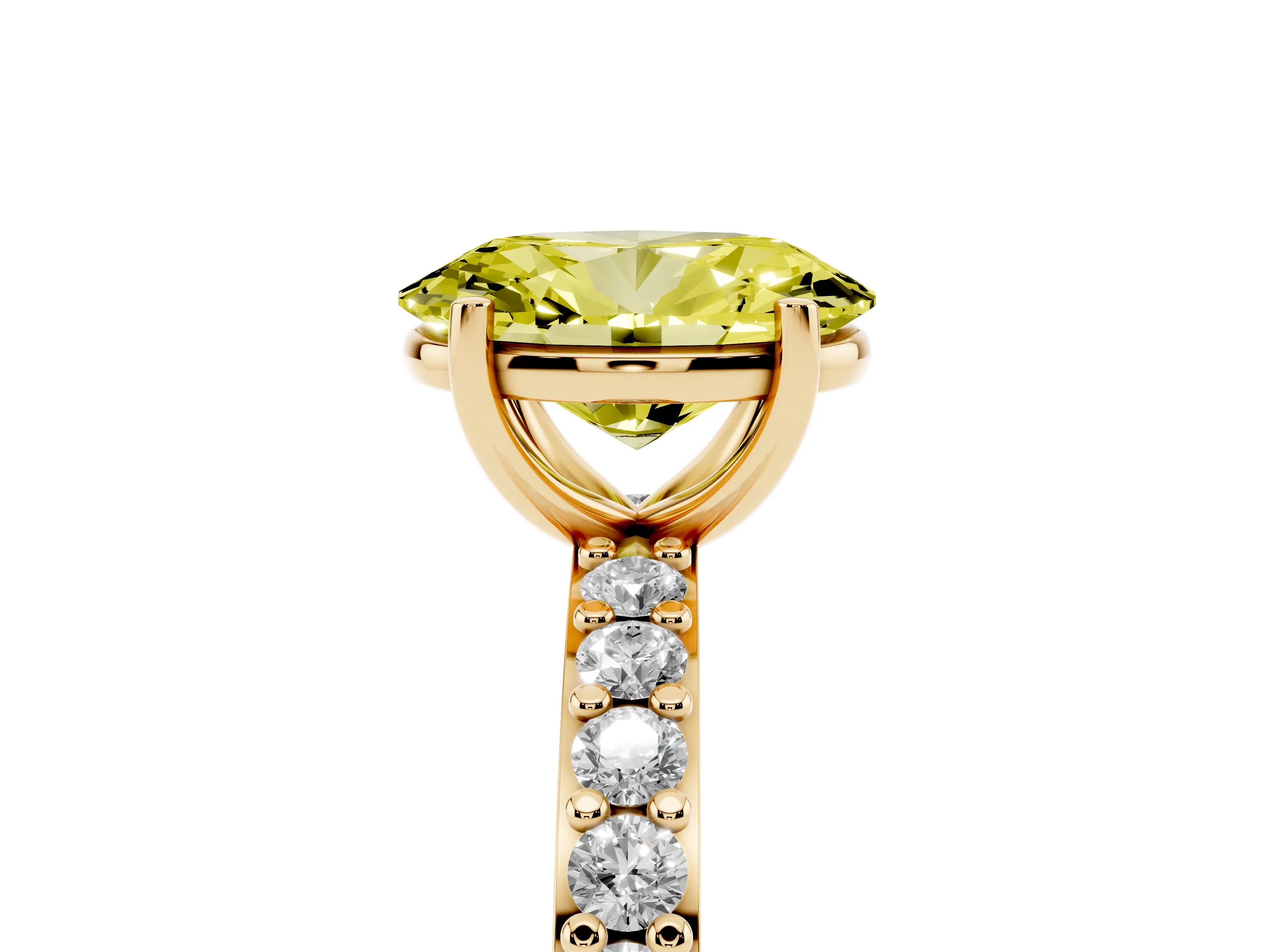 Fancy Yellow Oval Cut Diamond Solitaire Set in Yellow gold with Round Pavé Band and Prong Setting