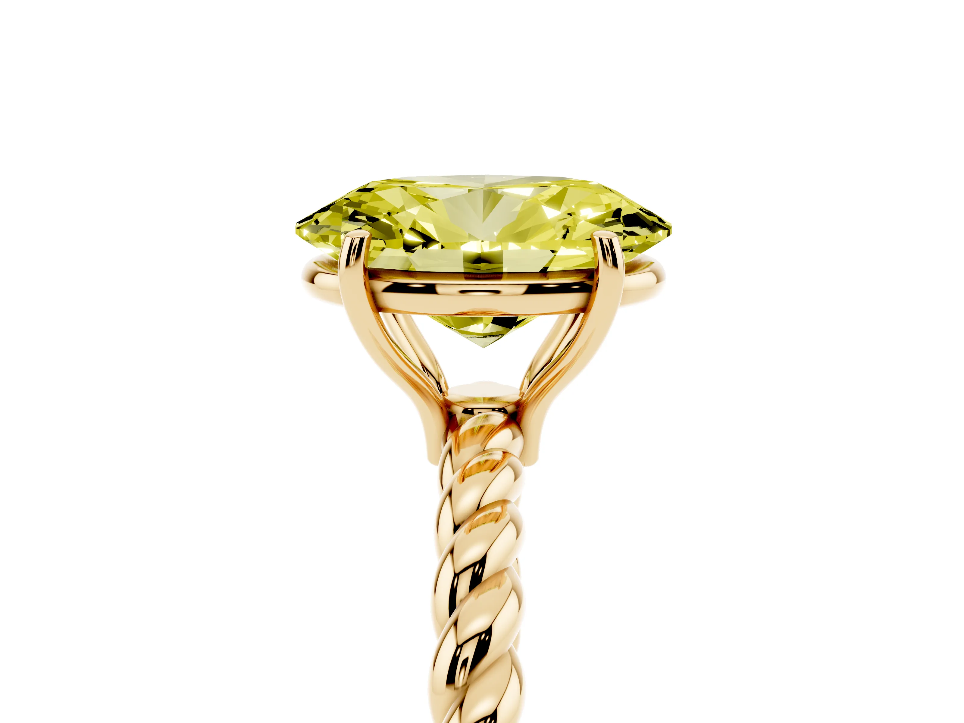Fancy Yellow Oval Cut Diamond Solitaire Ring Set in Yellow gold with Twist Band and Prong Setting