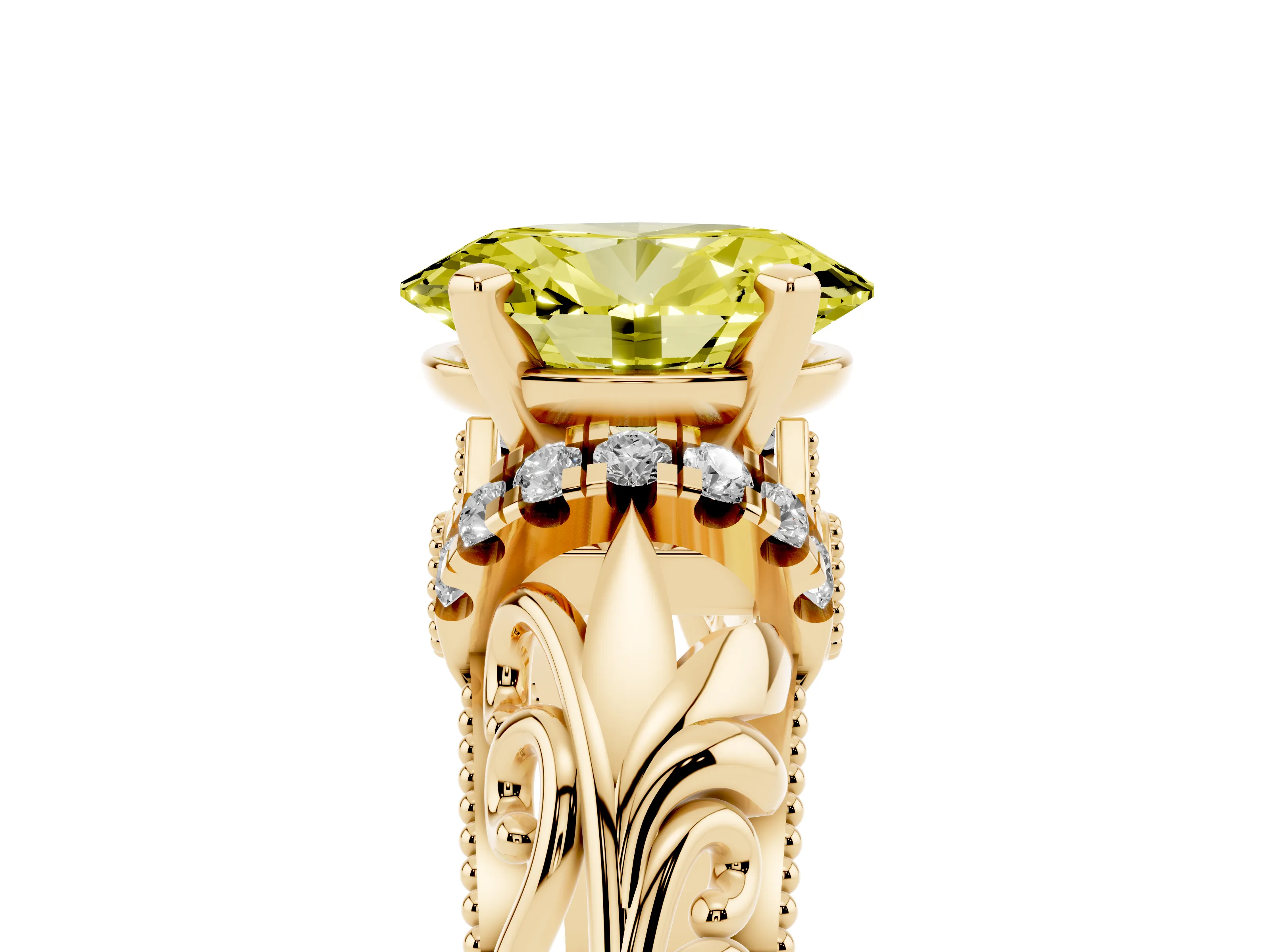Fancy Yellow Oval Cut Diamond Filigree Halo Engagement Ring Set in Yellow gold with Prong Setting