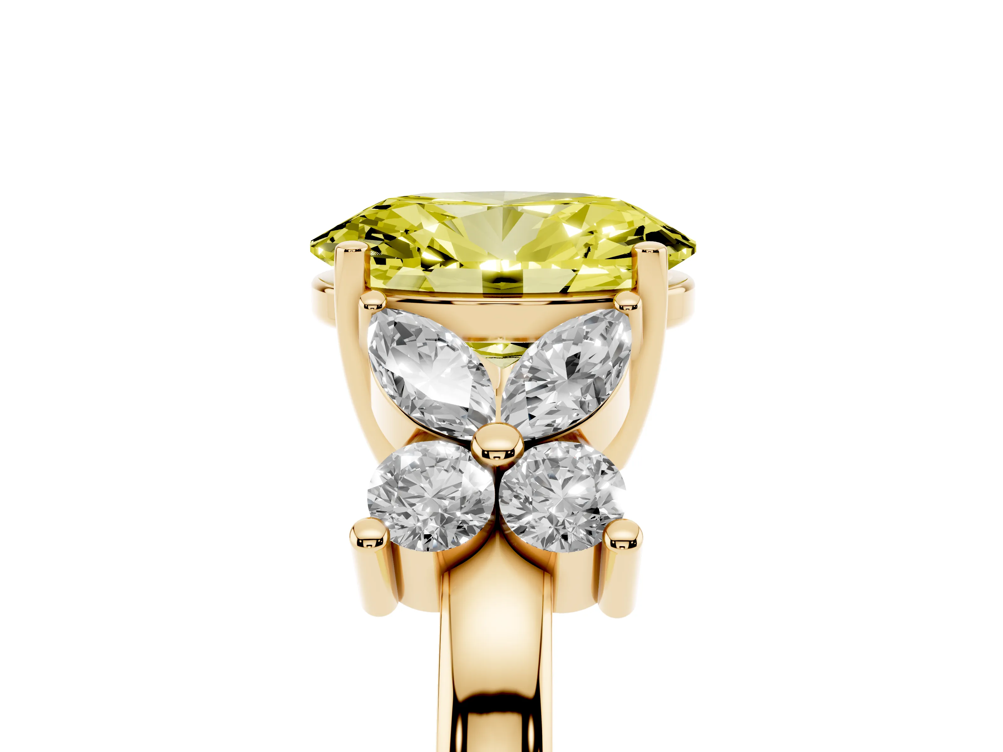 Fancy Yellow Oval Cut Diamond Floral Cluster Ring Set in Yellow gold with Marquise Petals and Prong Setting
