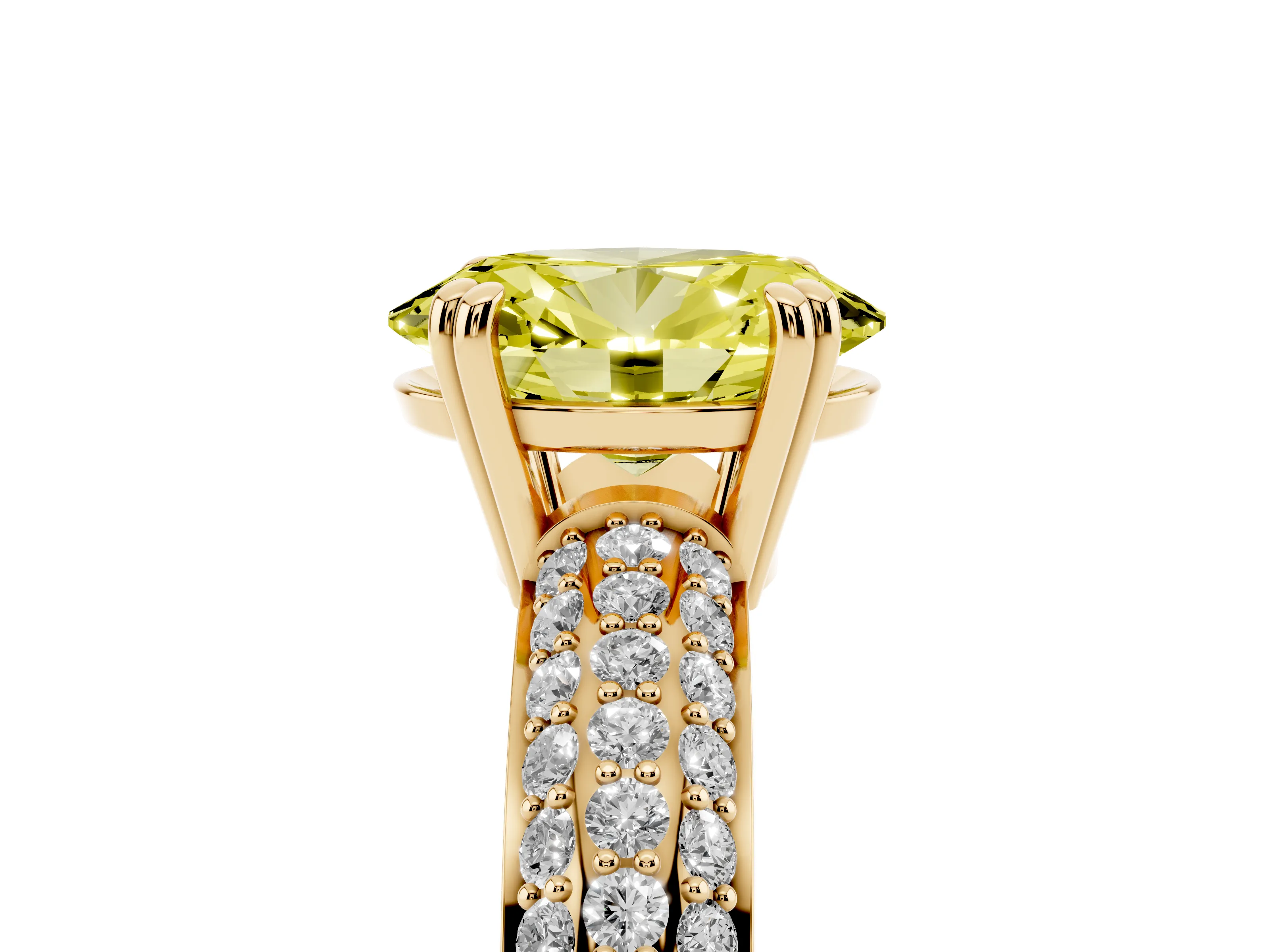 Fancy Yellow Oval Cut Diamond Solitaire Ring Set in Yellow gold with Multi-Row Round Pavé Band and Prong Setting