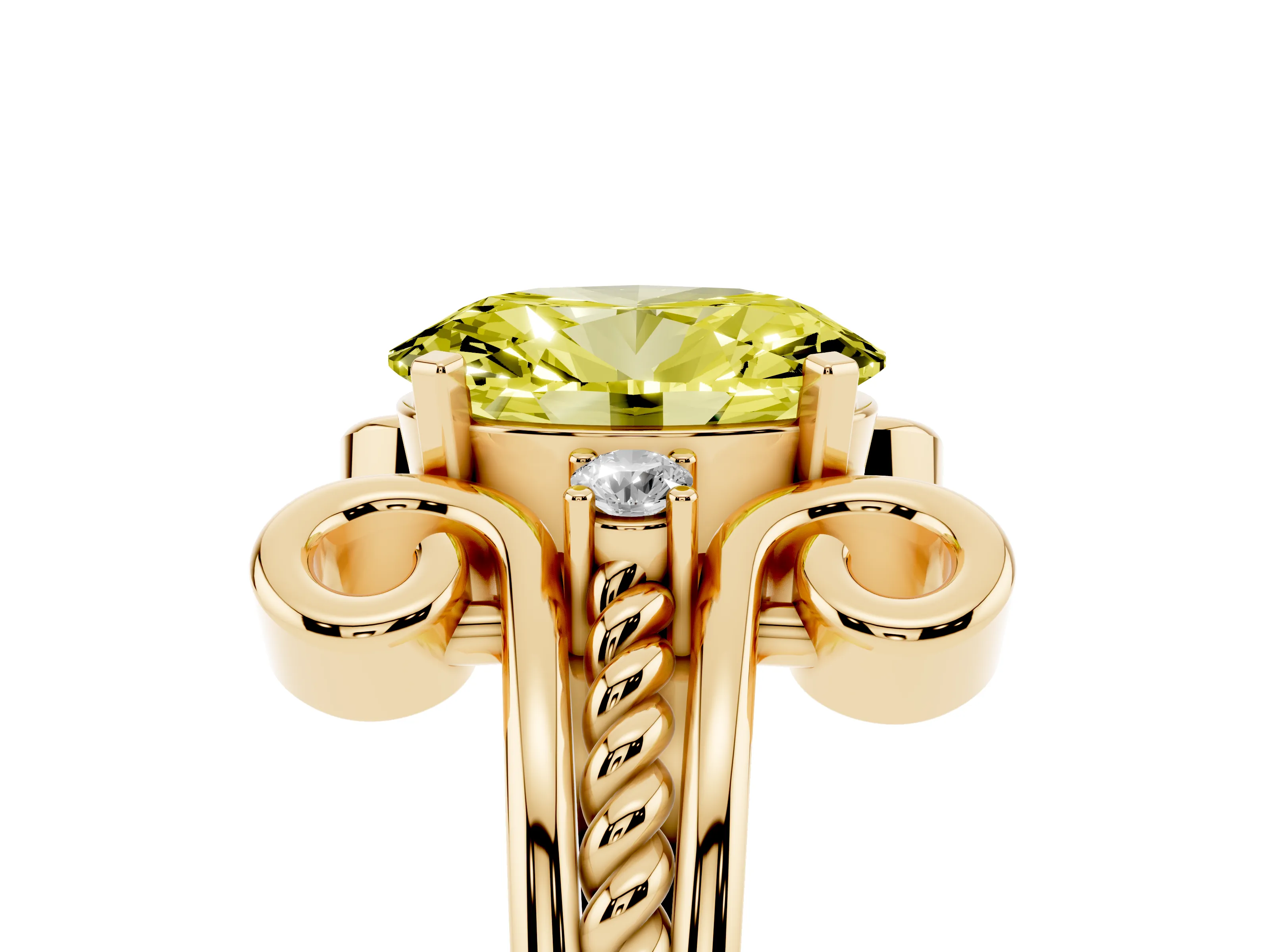 Fancy Yellow Oval Cut Diamond Twisted Band Solitaire Ring Set in Yellow gold with Scroll Prongs
