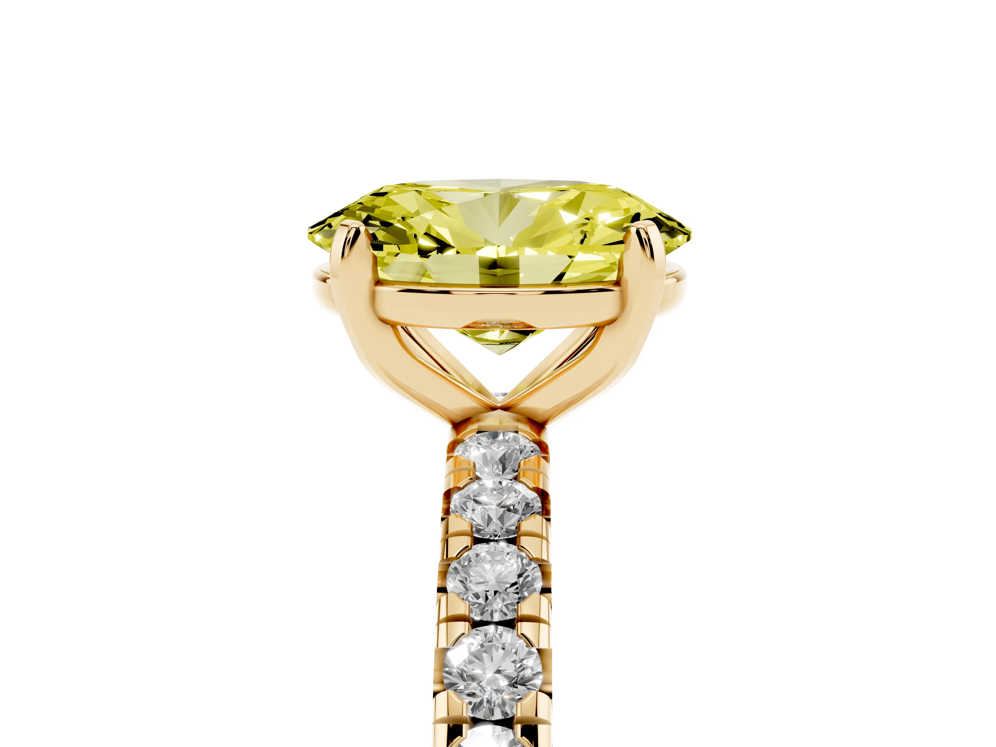 Fancy Yellow Oval Cut Diamond Pavé Solitaire Ring Set in Yellow gold with Round Band and Prong Setting