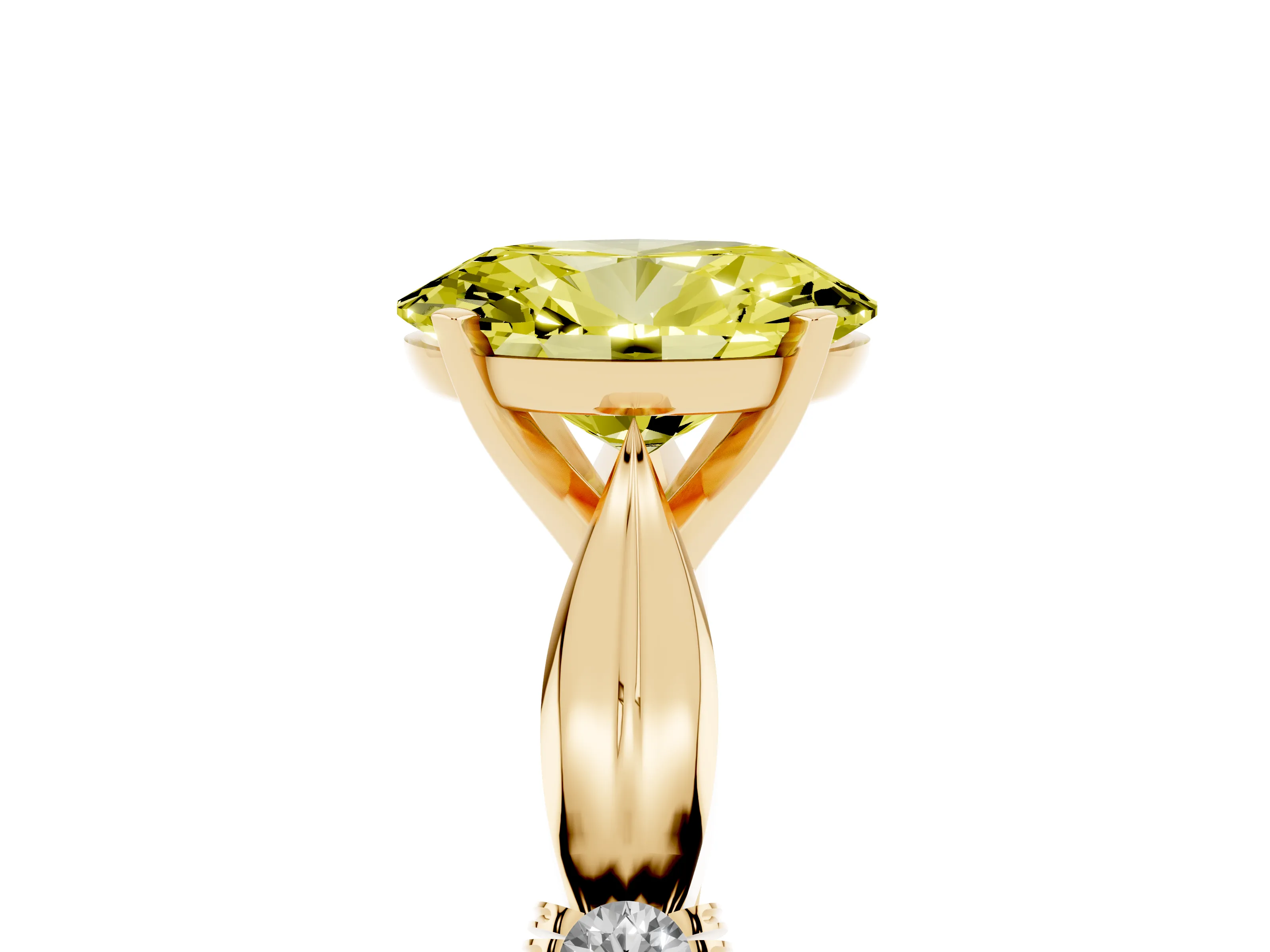 Fancy Yellow Oval Cut Diamond Solitaire Twisted Band Ring Set in Yellow gold with Accent Stones and Prong Setting