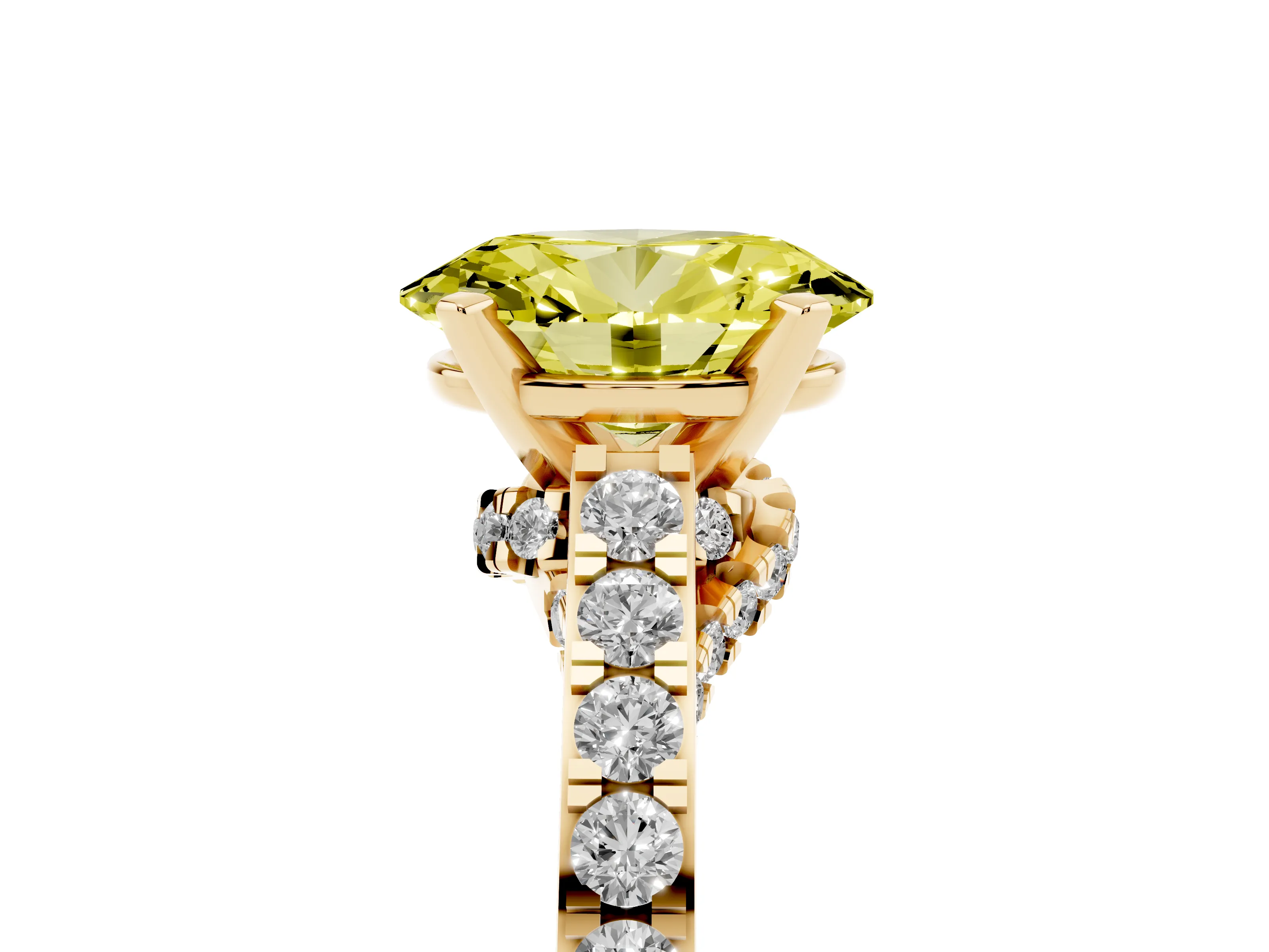 Fancy Yellow Oval Cut Diamond Solitaire Ring Set in Yellow gold with Crossover Gallery and Round Pavé Band