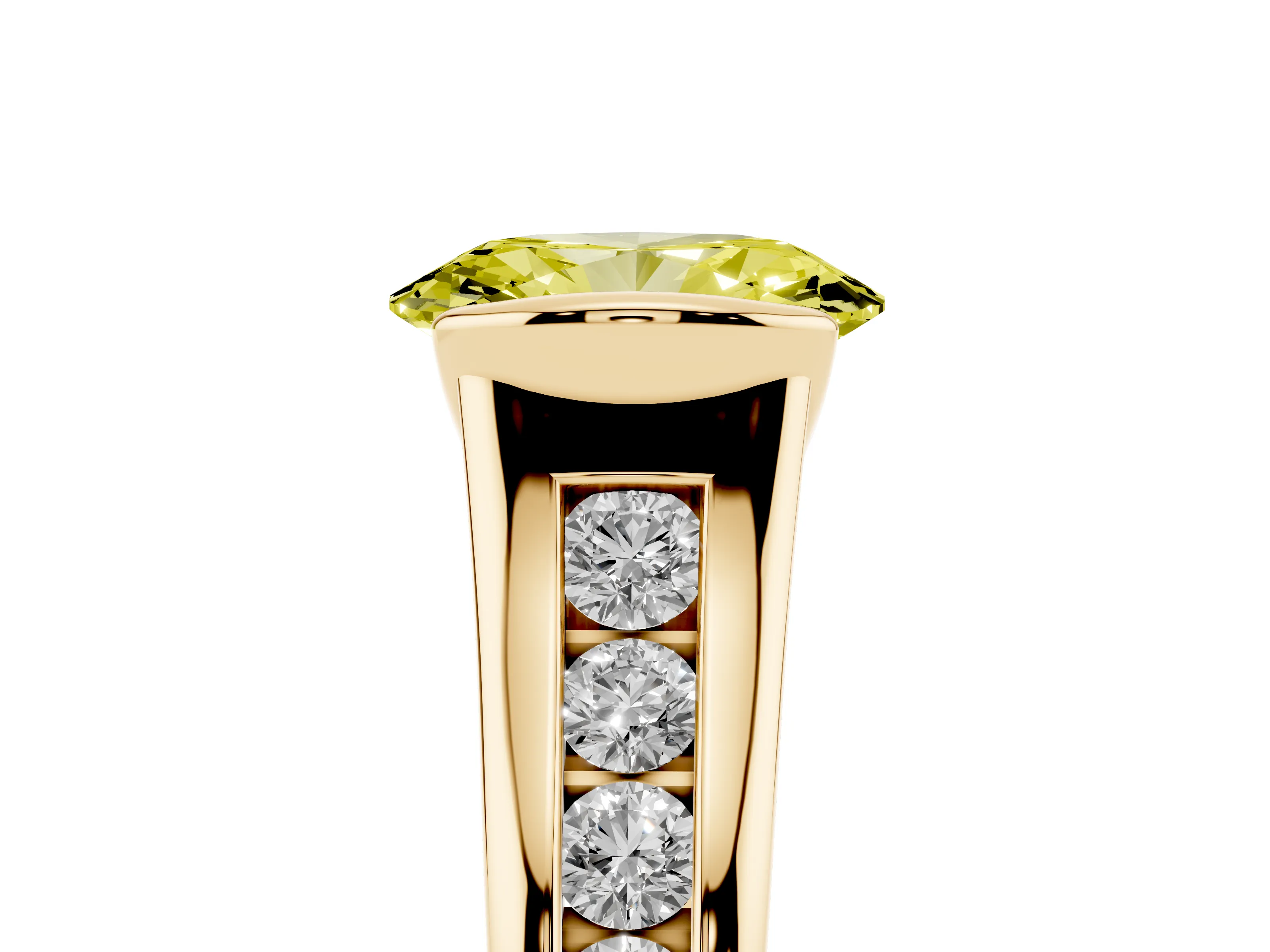 Fancy Yellow Oval Cut Diamond Bezel-Set Solitaire Ring Set in Yellow gold with Channel-Set Band