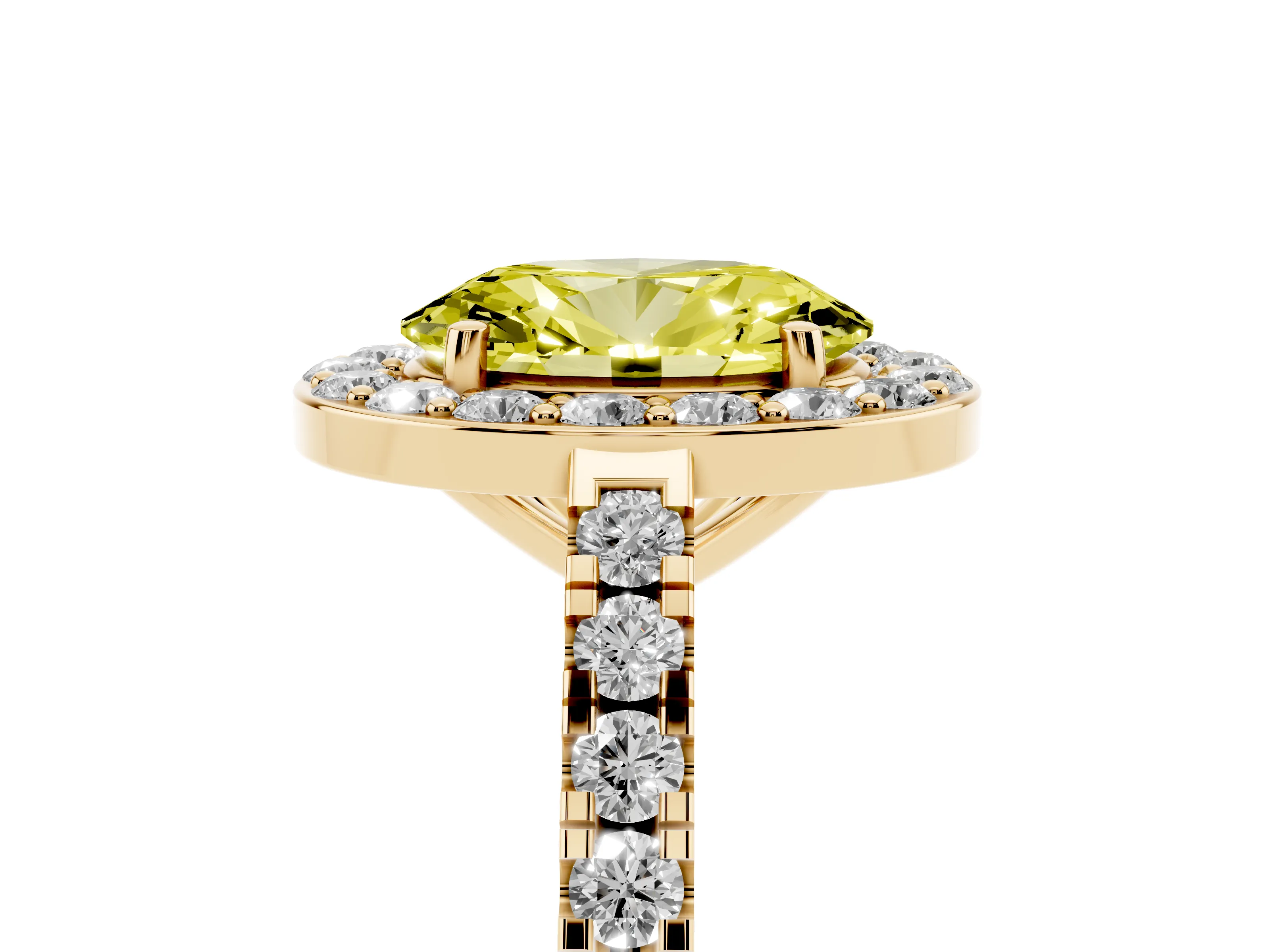 Fancy Yellow Oval Cut Diamond Halo Ring Set in Yellow gold with Round Pavé Split Shank and Prong Setting