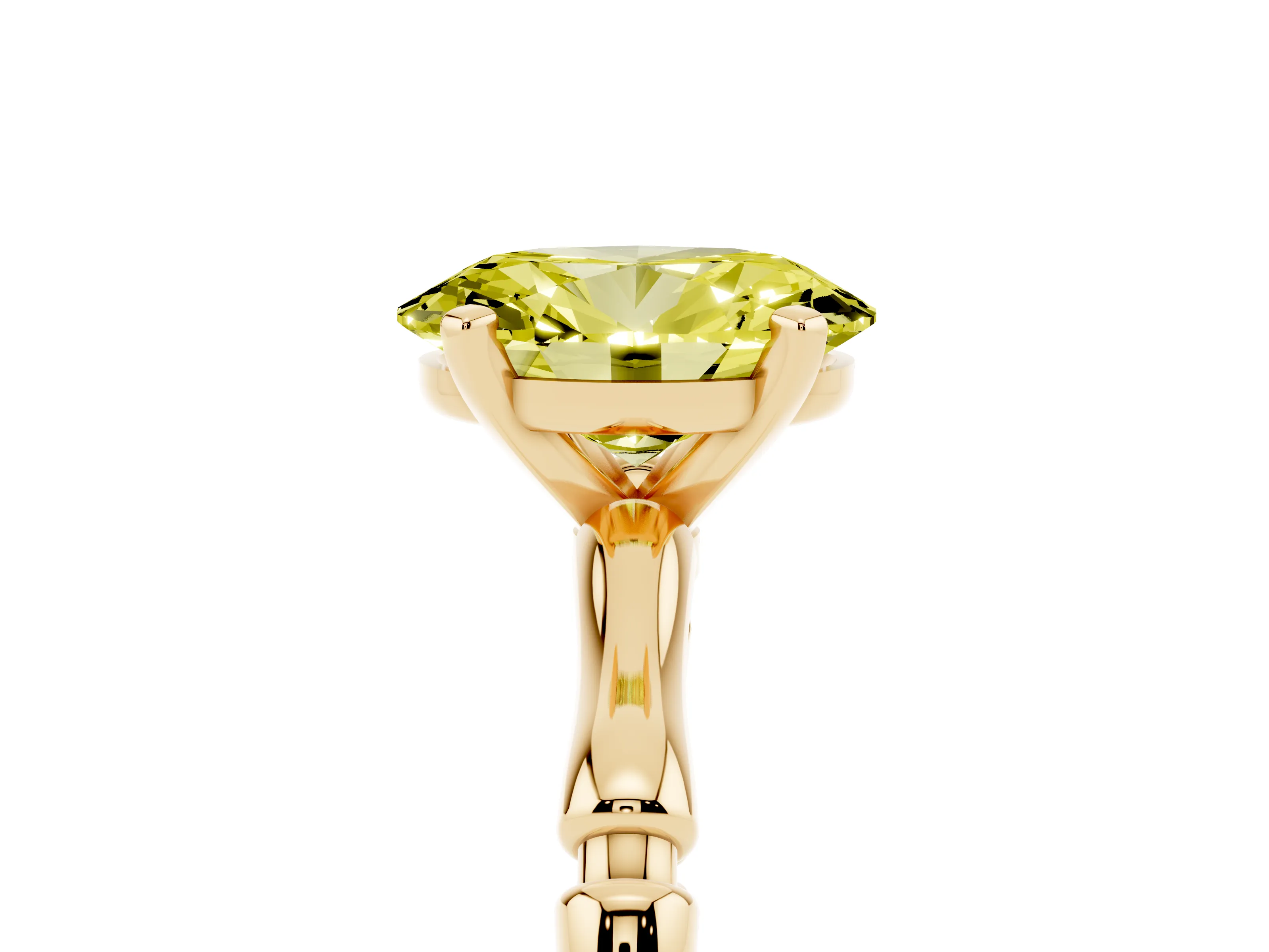 Fancy Yellow Oval Cut Diamond Solitaire Ring Set in Yellow gold with Bamboo Band and Prong Setting