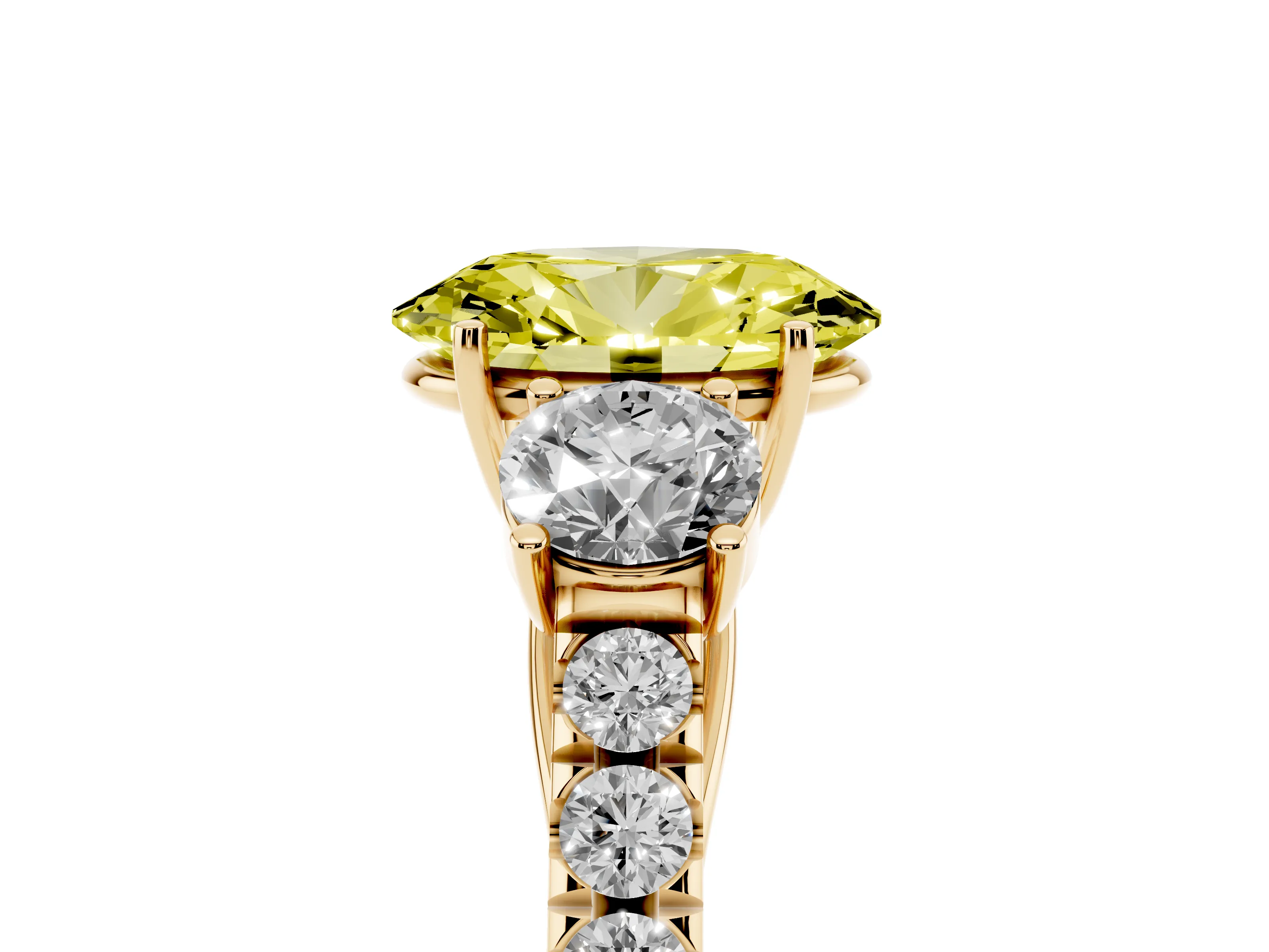 Fancy Yellow Oval Cut Diamond Three-Stone Ring Set in Yellow gold with Round Side Stones and Delicate Pavé Band