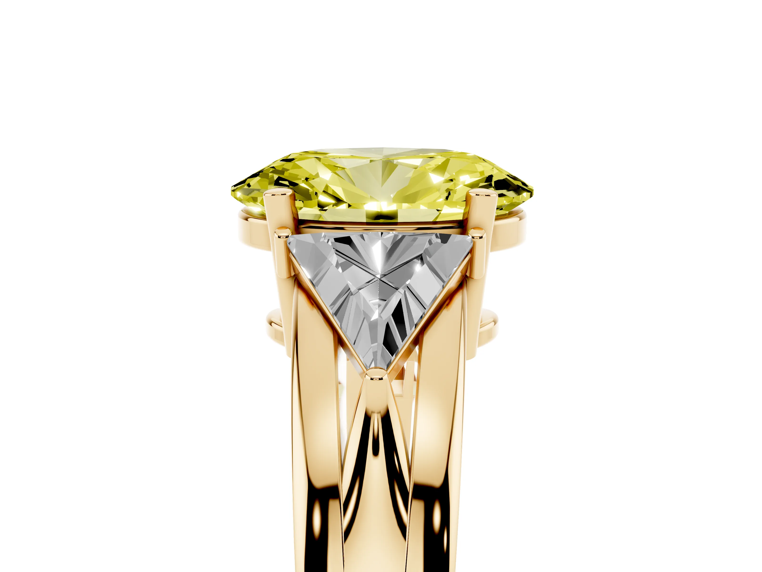 Fancy Yellow Oval Cut Diamond Three-Stone Ring Set in Yellow gold with Trillion Side Stones and Split Shank