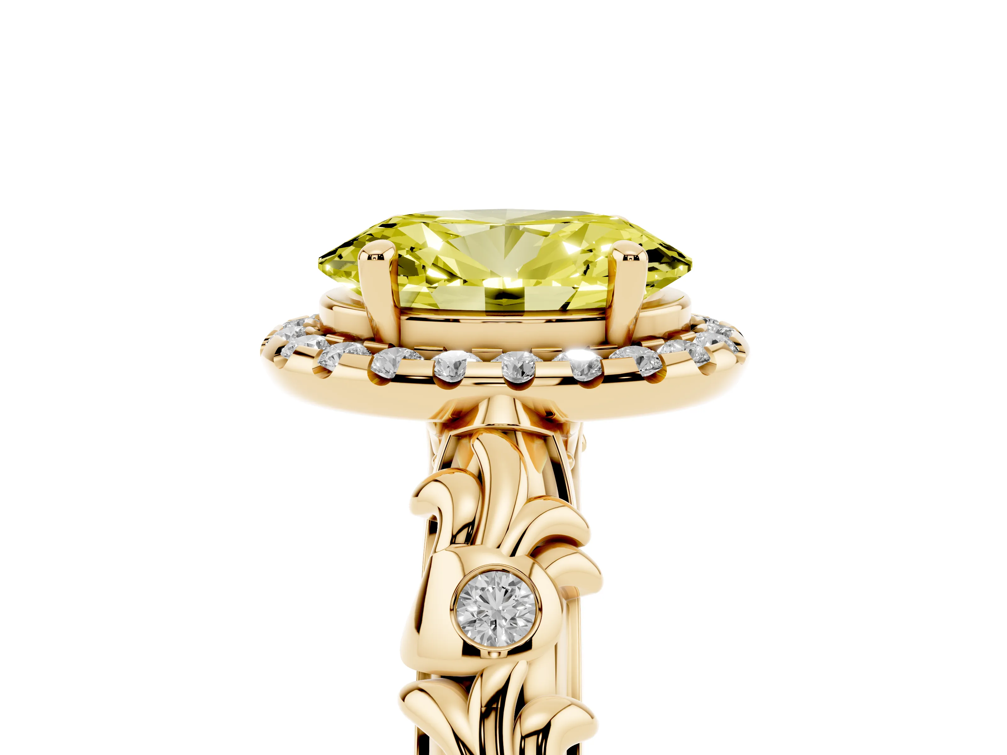 Fancy Yellow Oval Cut Diamond Halo Ring Set in Yellow gold with Filigree Leaf Band and Prong Setting